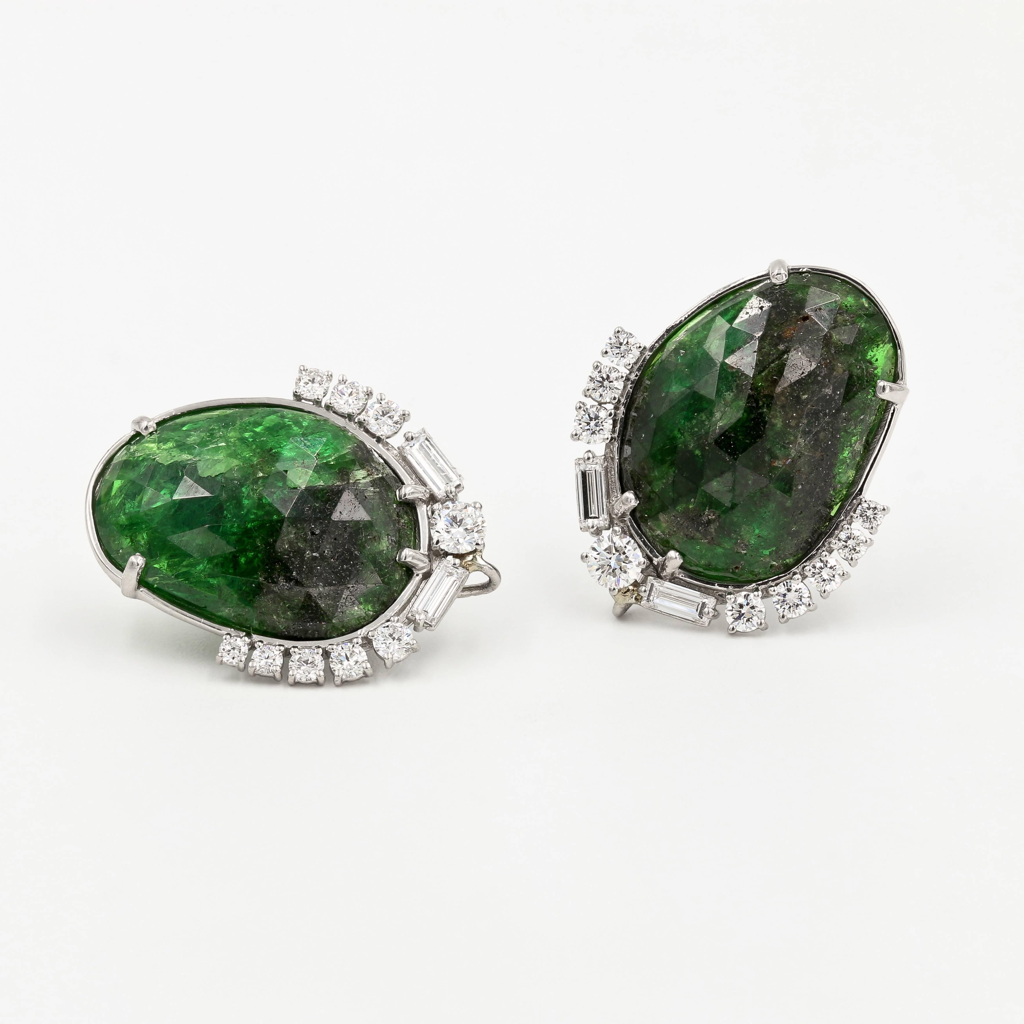 Rose Cut Tanzanite, Tsavorite, & Diamond Earrings With Removable Section