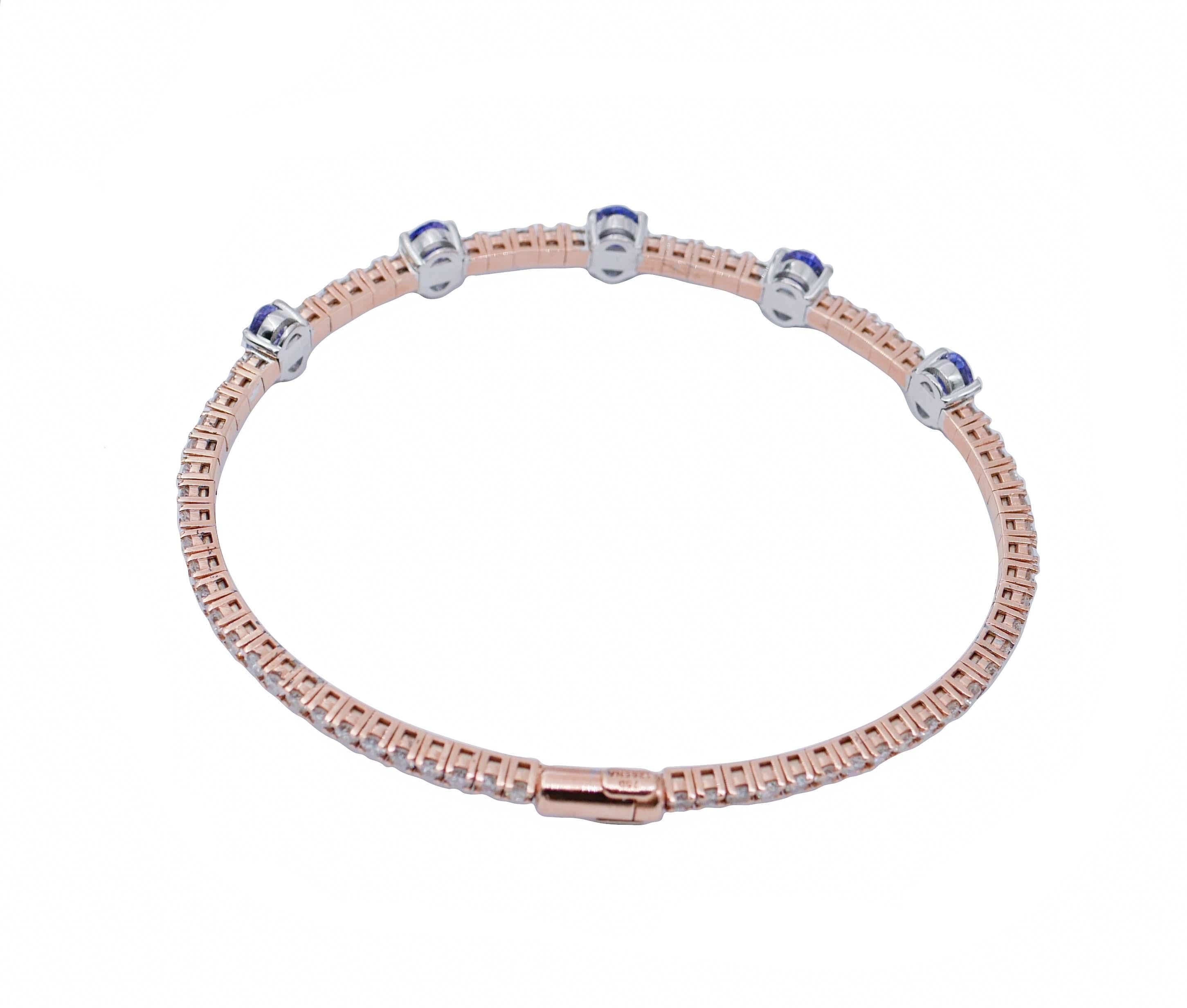 Modern Tanzanite, Diamonds, 18 Karat Rose and White Gold Bracelet.