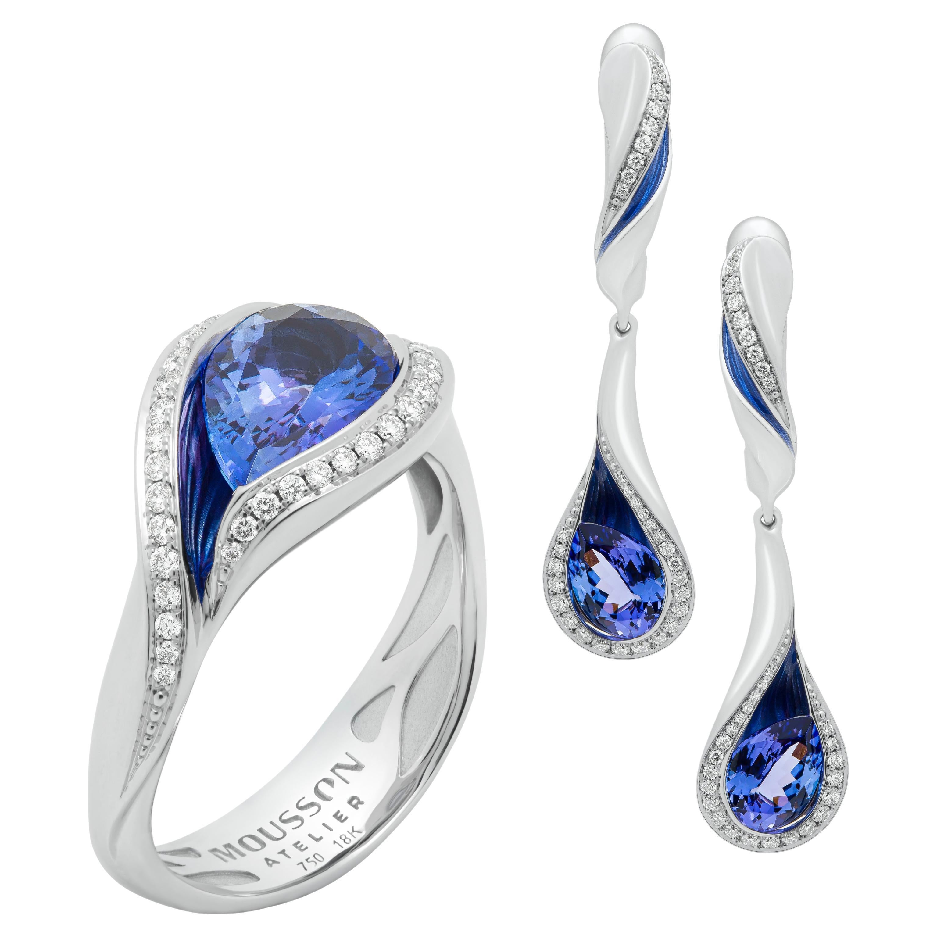 Tanzanites Diamonds Enamel 18 Karat White Gold Melted Colors Suite