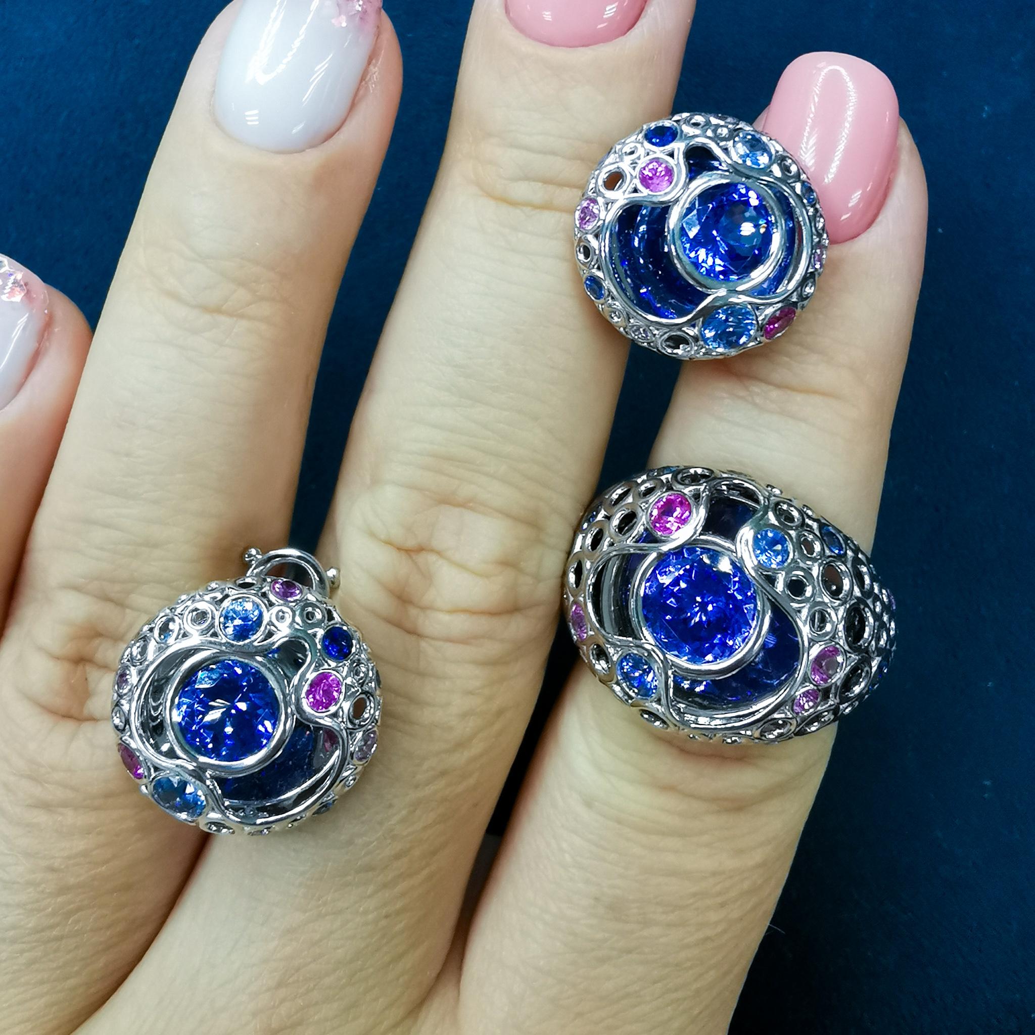 Tanzanites Pink Blue Sapphires 18 Karat White Gold Bubble Suite
Incredibly light and airy Suite from our Bubbles Collection. White 18 Karat Gold is made in the form of variety of small bubbles, some of which have Pink and Blue Sapphires setted. The