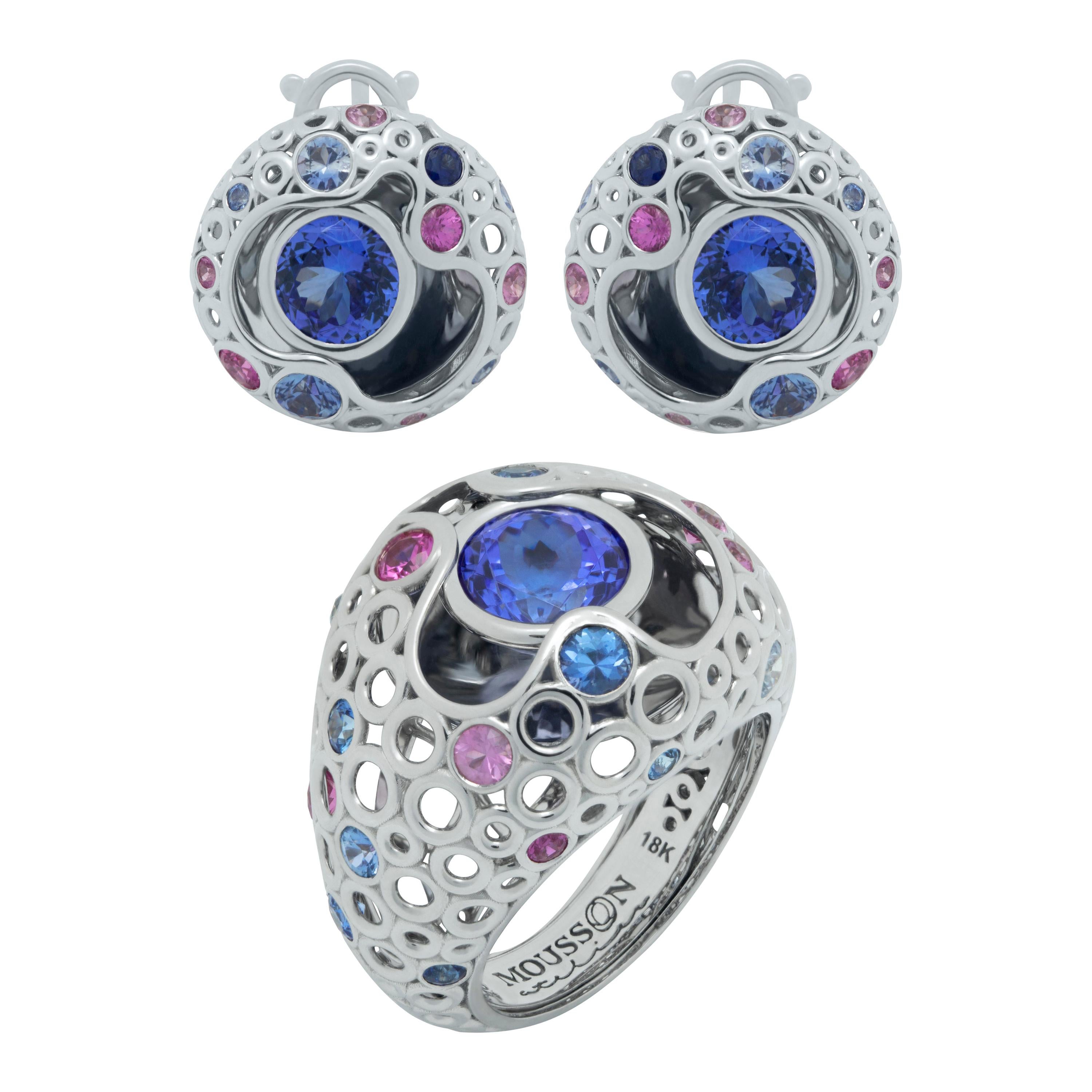 Parure bulle en or blanc 18 carats avec tanzanites et saphirs roses et bleus