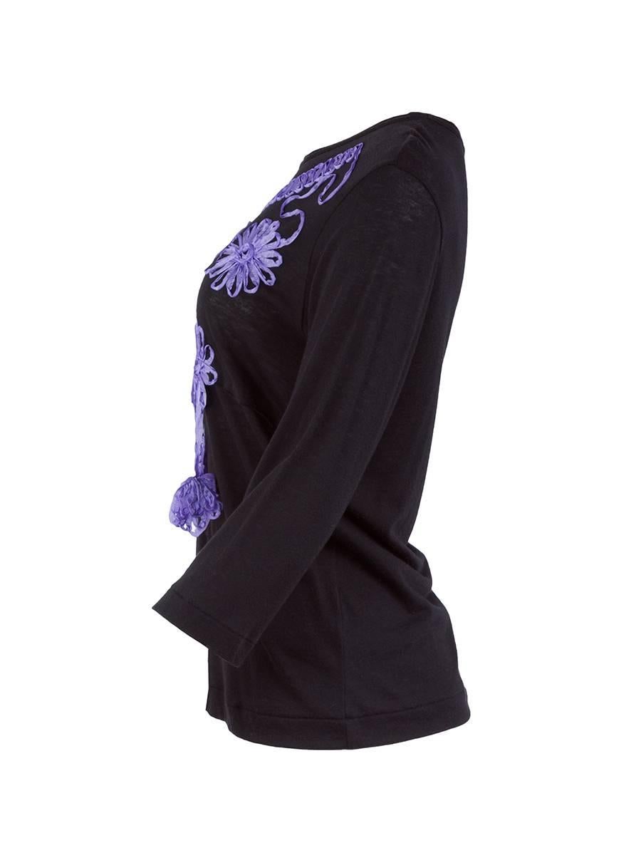TAO for Comme Des Garçons Fall Winter 2008 Collection Black T-Shirt with three-quarter length sleeves and bright purple ribbon floral appliques across the front. NWT.