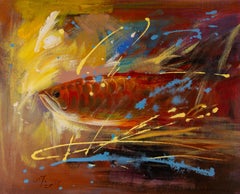 Tao Wang Óleo sobre lienzo original contemporáneo "Pez rojo y dorado I"