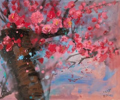 Tao Wang Floral Acrílico original sobre lienzo "Flor de melocotón"