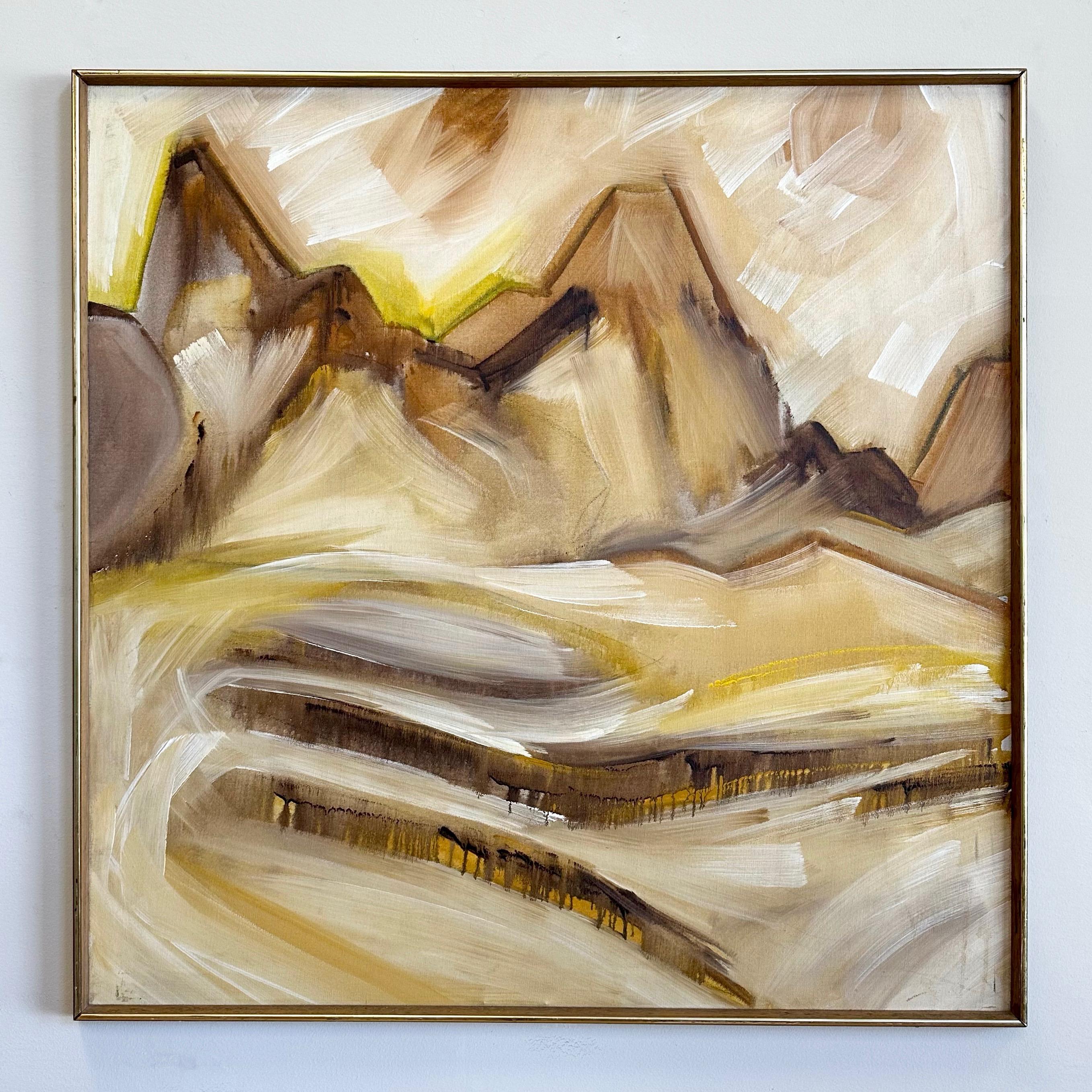 A very large circa 1970 original oil painting on canvas titled “Mountains” by noted American pop art and abstract Expressionist artist Eddie “TaoGaea” Powell.

A loose yet evocative sepia-toned rendering of a mountainous western landscape, majestic
