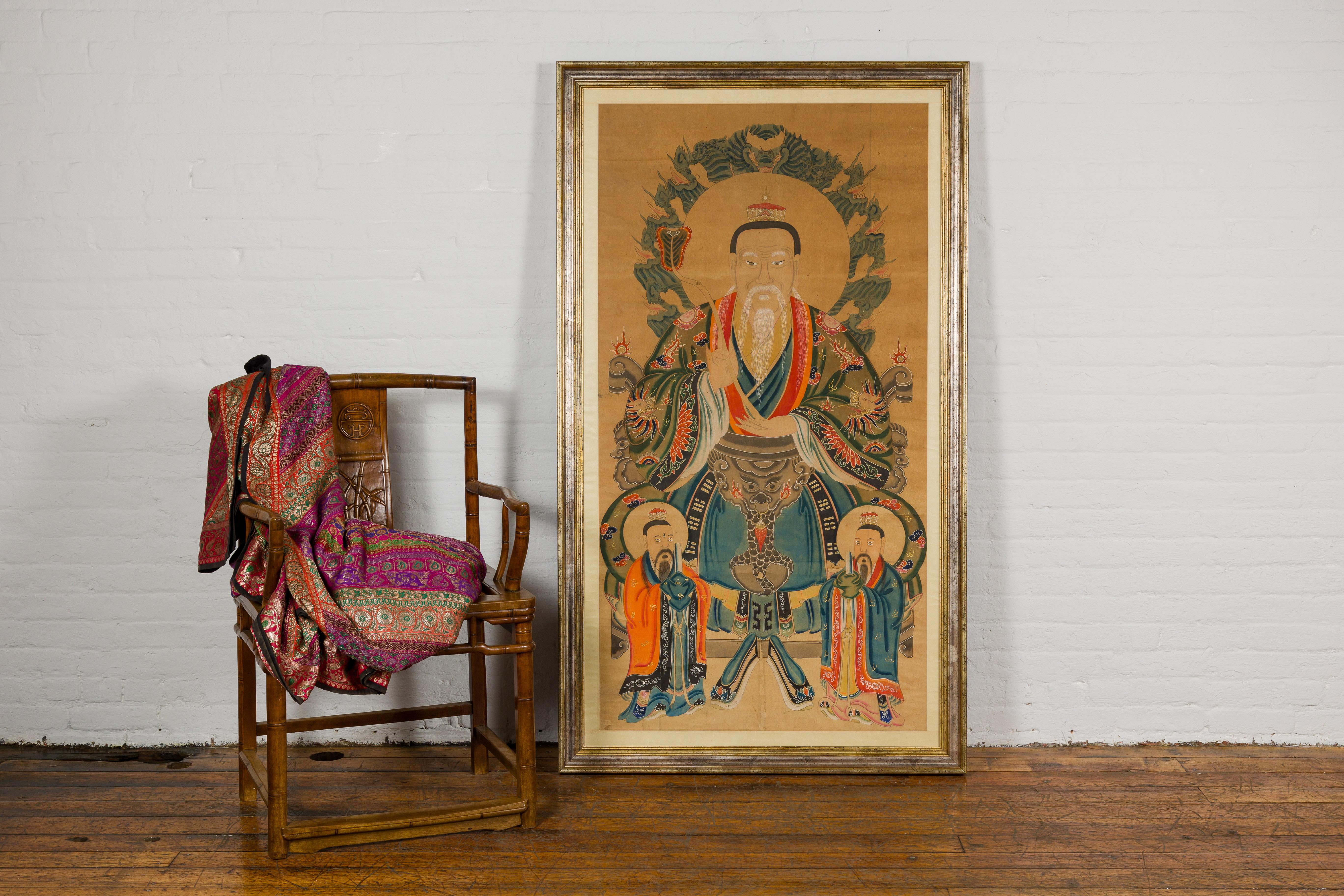 Qing Taoist Hand-Painted Portrait on Parchment Paper in Custom Frame For Sale