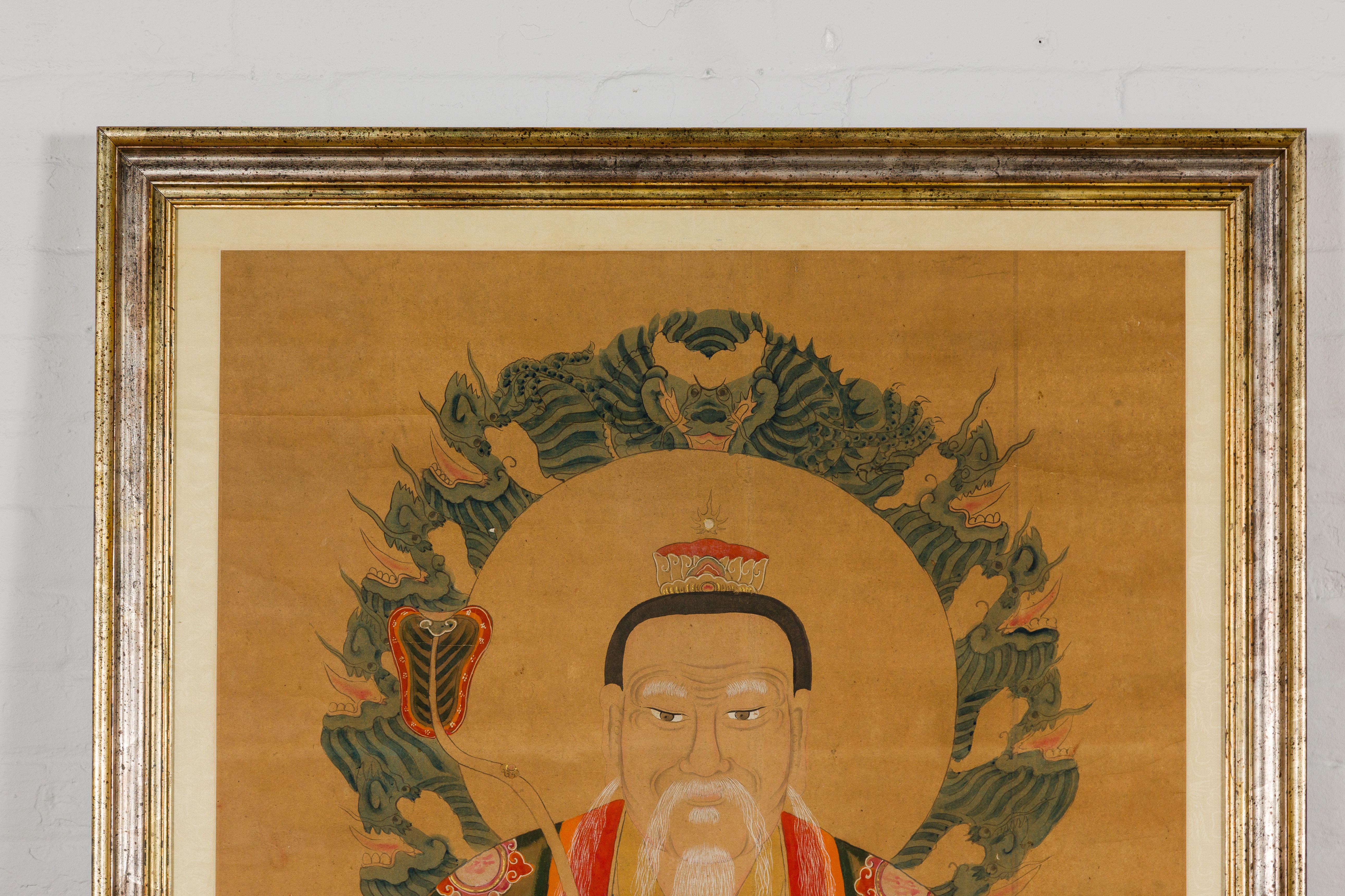 Chinese Taoist Hand-Painted Portrait on Parchment Paper in Custom Frame For Sale