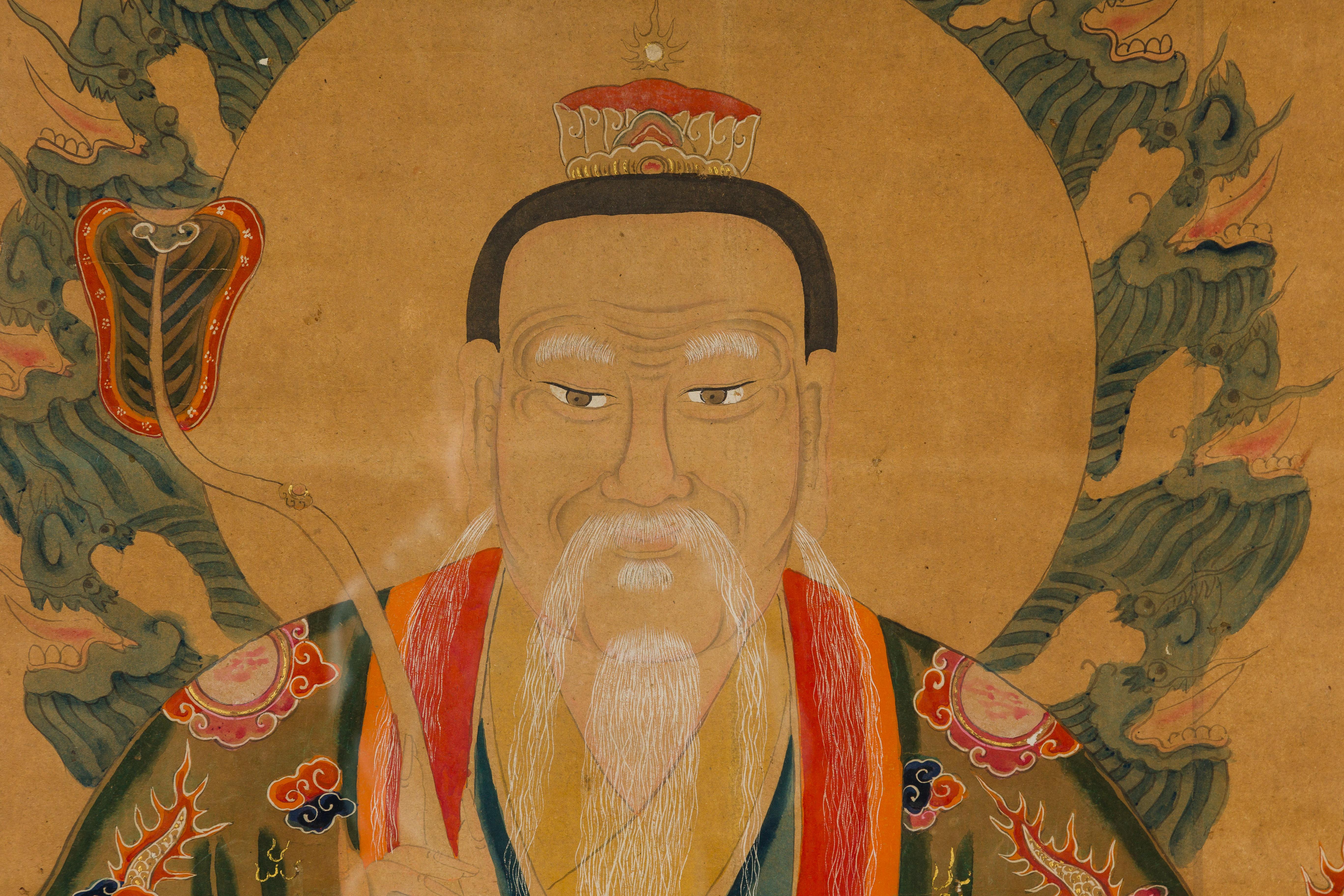 19th Century Taoist Hand-Painted Portrait on Parchment Paper in Custom Frame For Sale