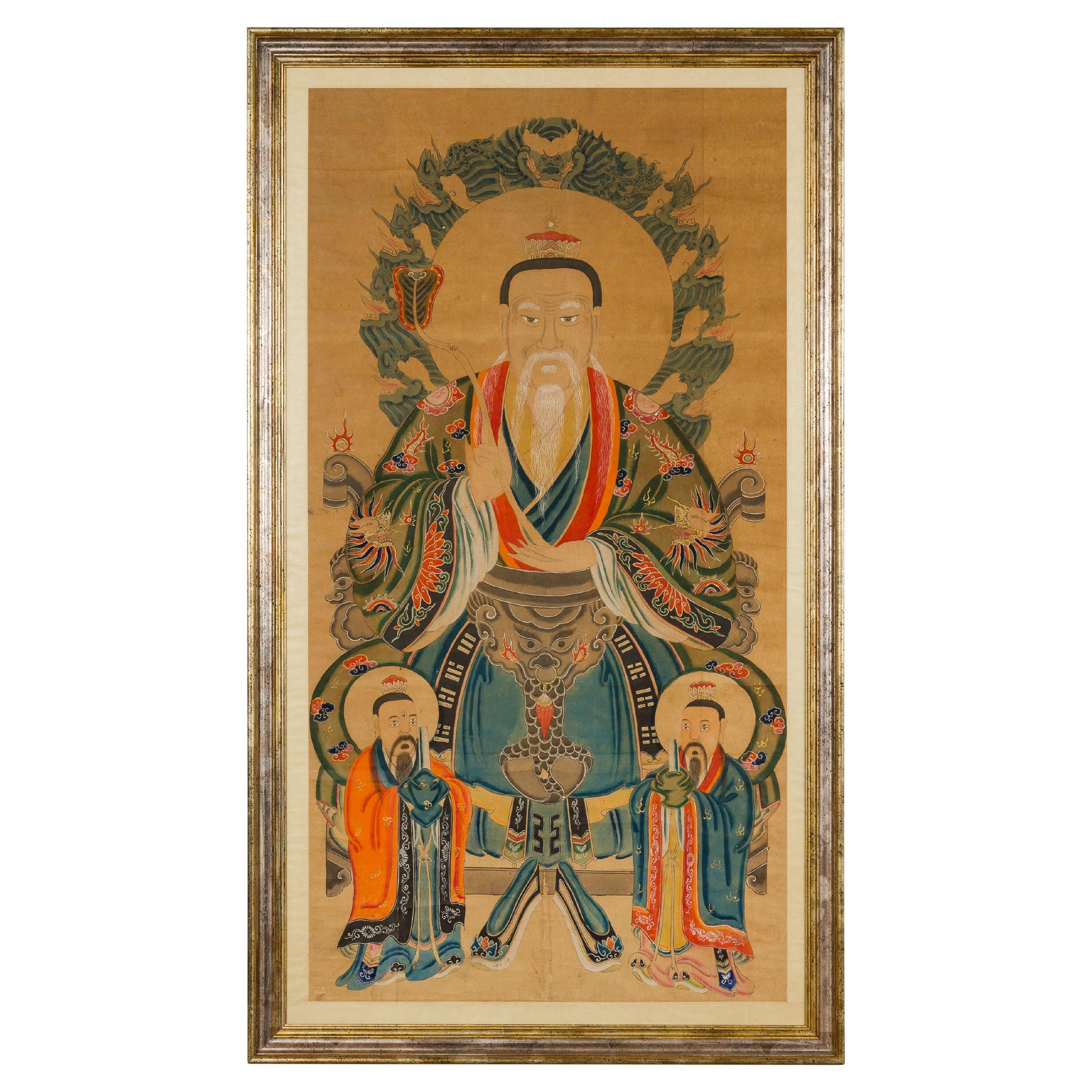 Taoist Hand-Painted Portrait on Parchment Paper in Custom Frame For Sale