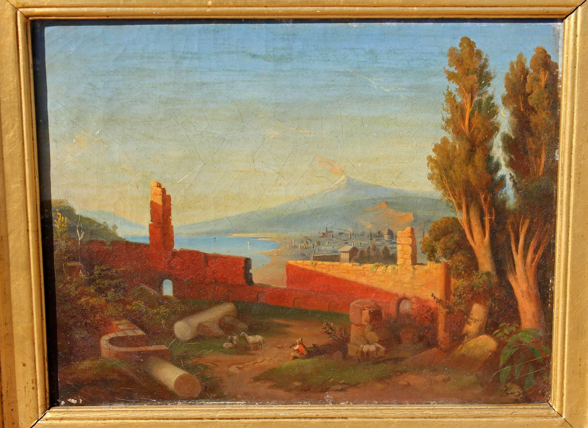 Sicilian landscape oil painting. View of Mount Etna from Taromina. Oil on canvas. Illegibly signed, circa 1860s.