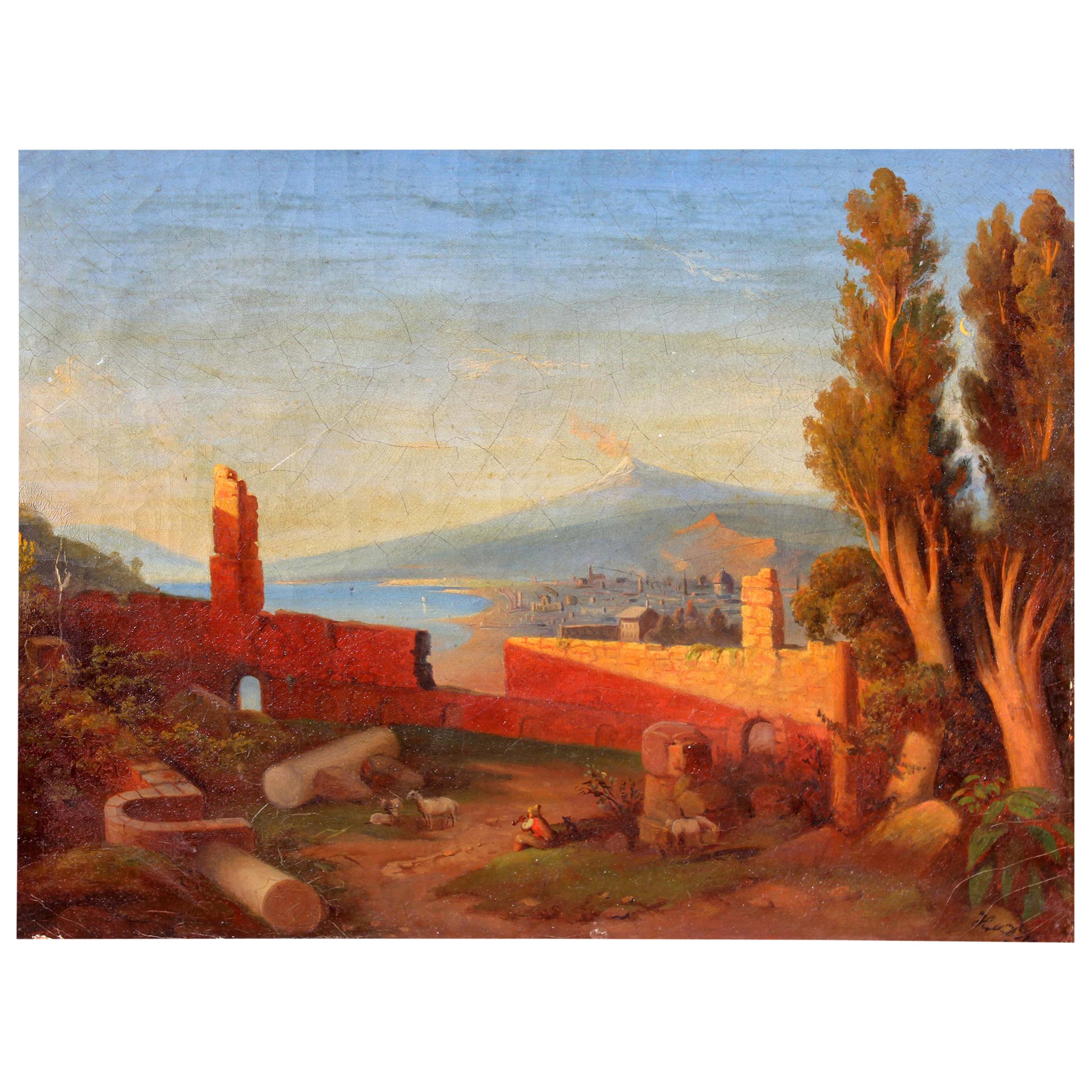 "Taormina and Mt Etna" 19th Century Italian Oil Painting