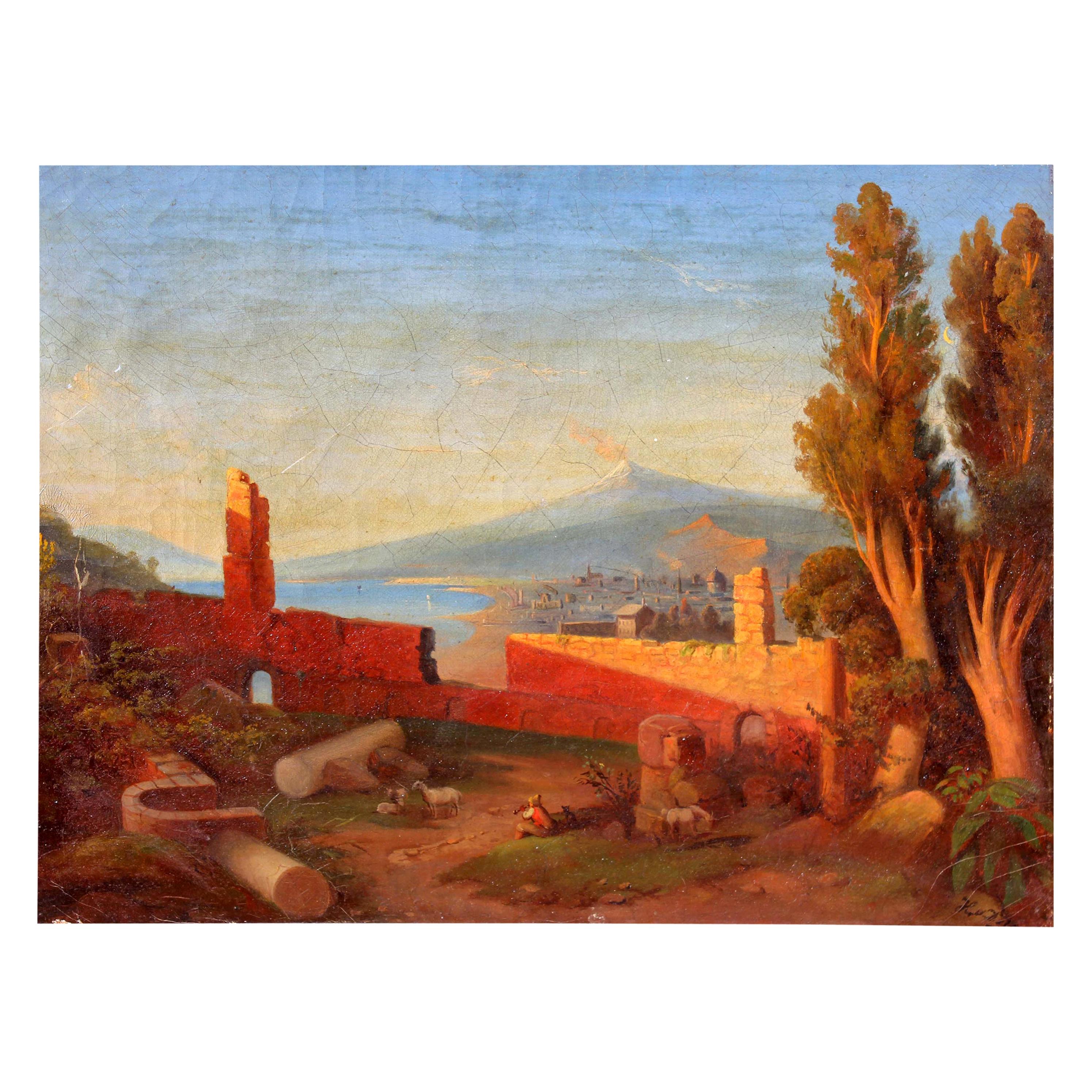 "Taormina and Mt Etna" 19th Century Italian Oil Painting