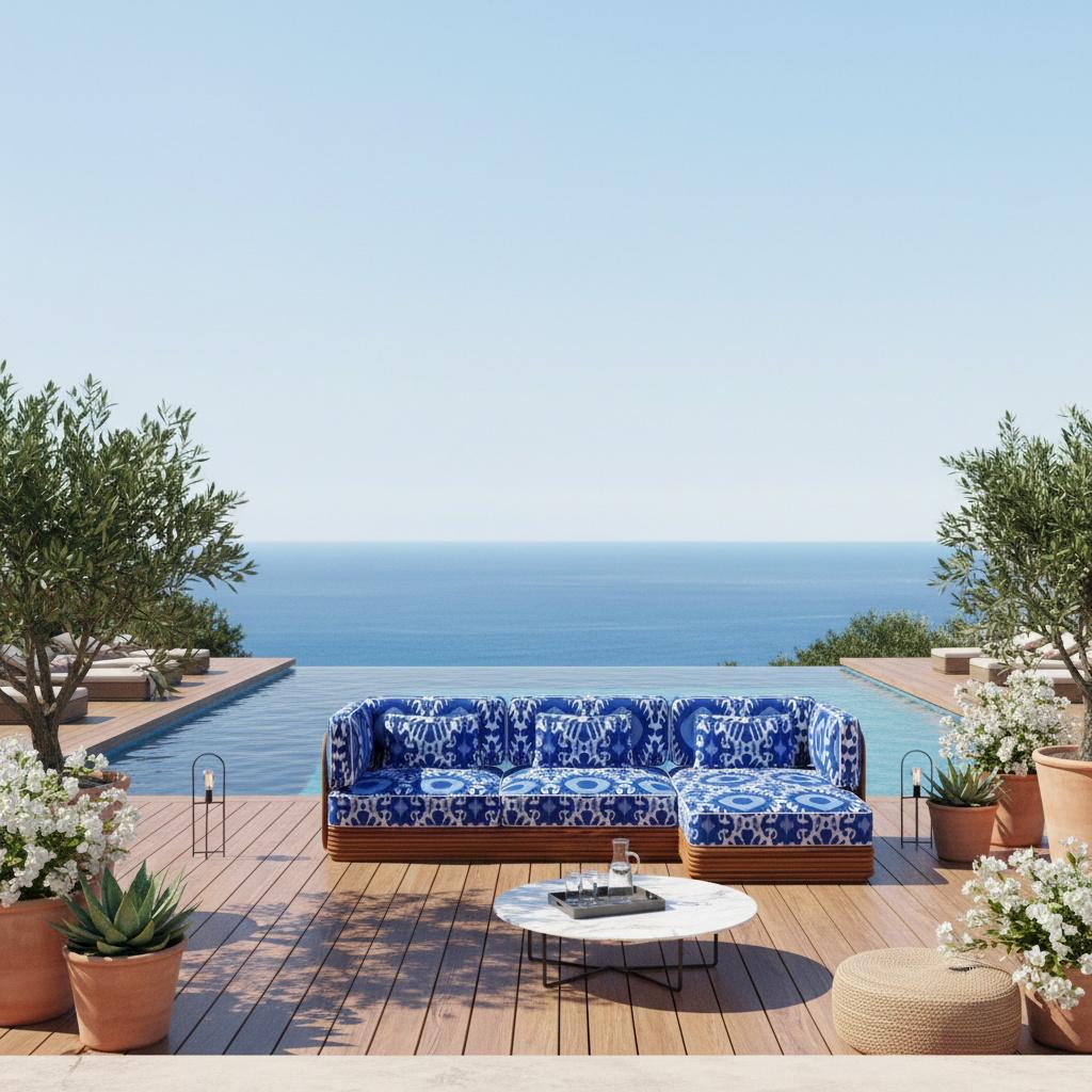 Il Divano Taormina, creato in collaborazione con Mediterrazza, è una dichiarazione di eleganza e comfort mediterraneo. Realizzato a mano in resistente legno di iroko per resistere all'esterno, presenta uno schienale scultoreo con raffinati elementi