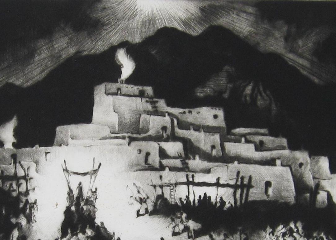 Taos Künstler Gene Kloss Original Drypoint, Weihnachten Eve, Taos Pueblo (Moderne der Mitte des Jahrhunderts) im Angebot