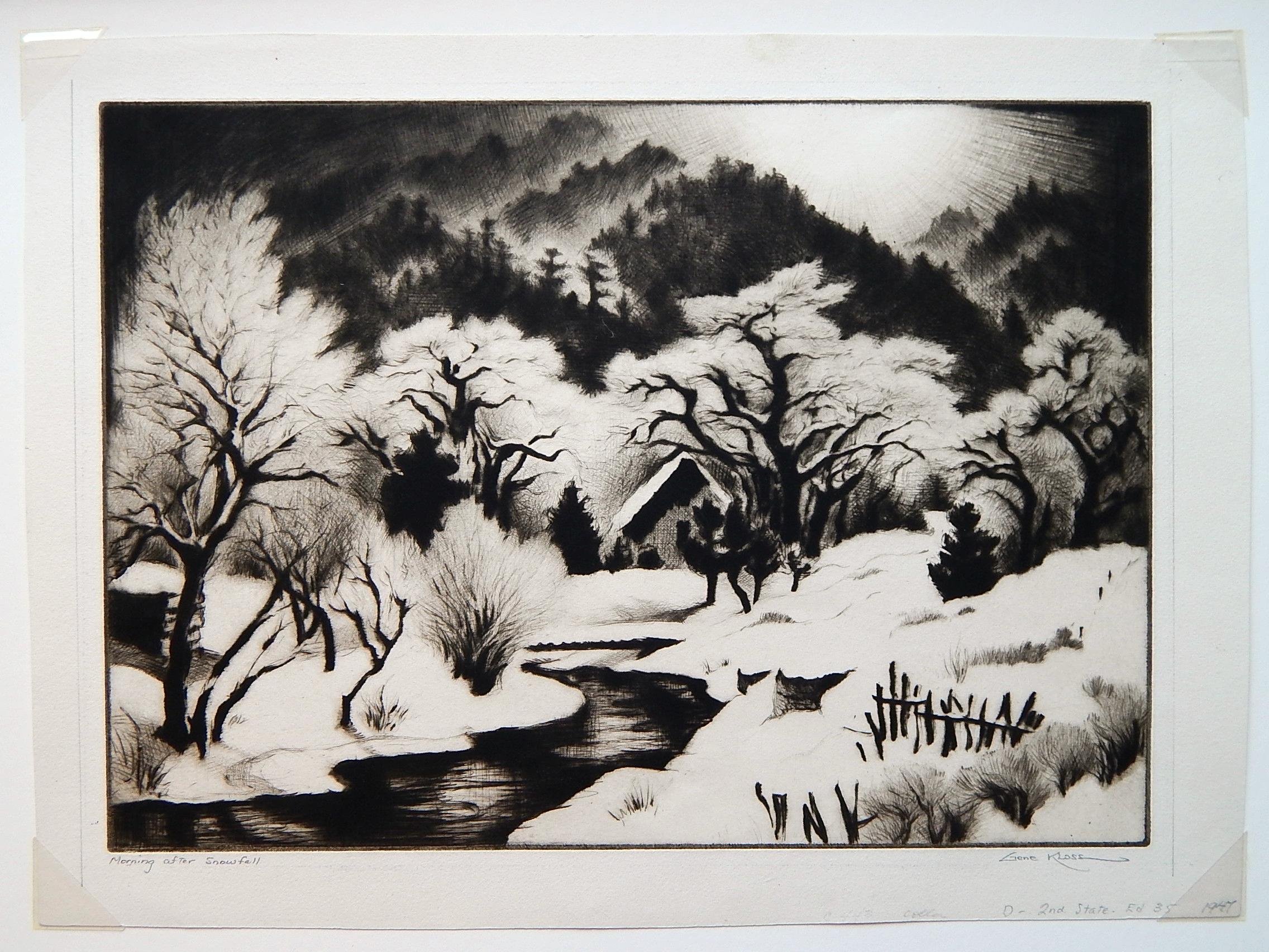Striking drypoint etching by famous Taos artist Gene Kloss (1903-1996).
Edition of 35. Titled 