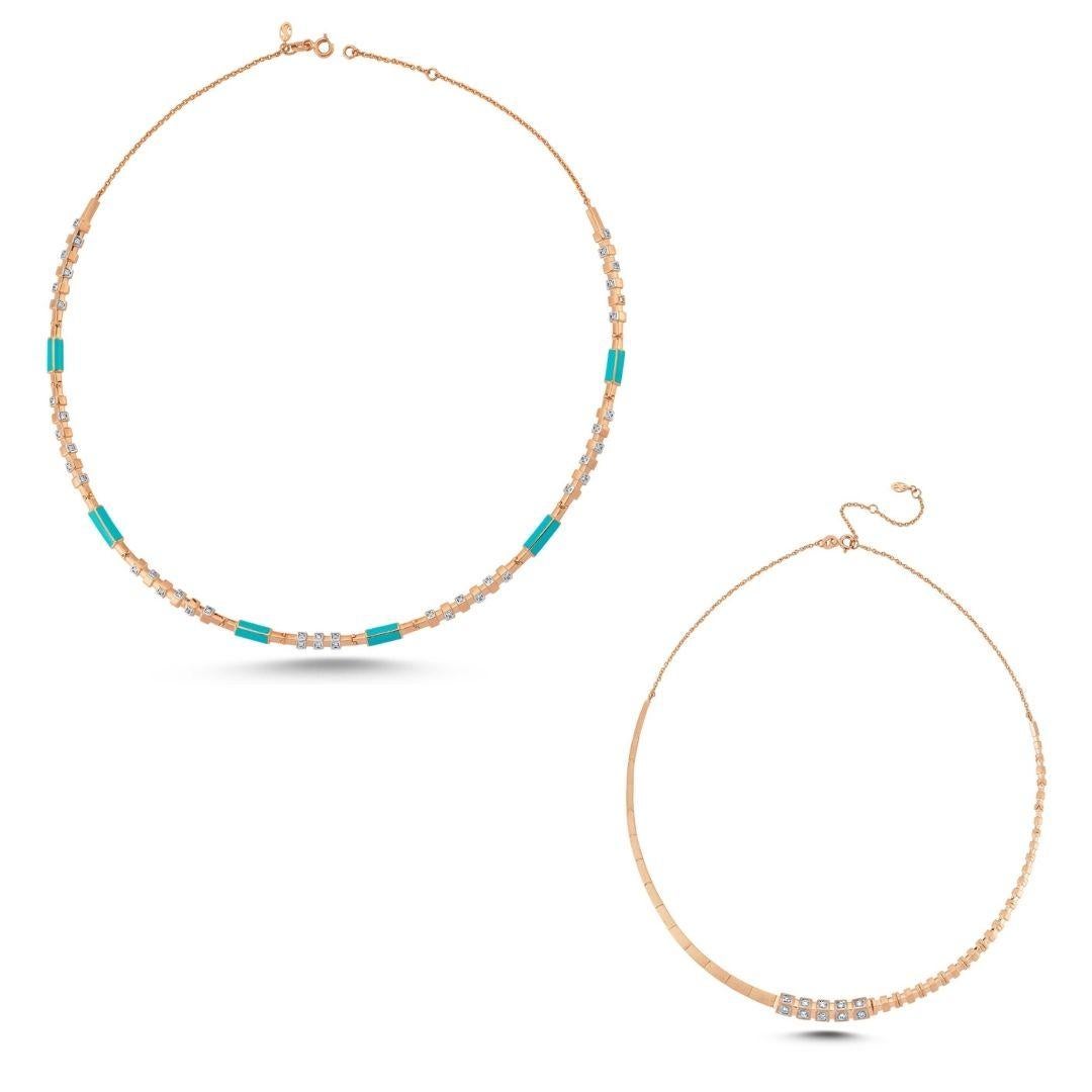 Modern Taotie Necklace in Rose Gold with White Diamond and Turquoise Enamel For Sale