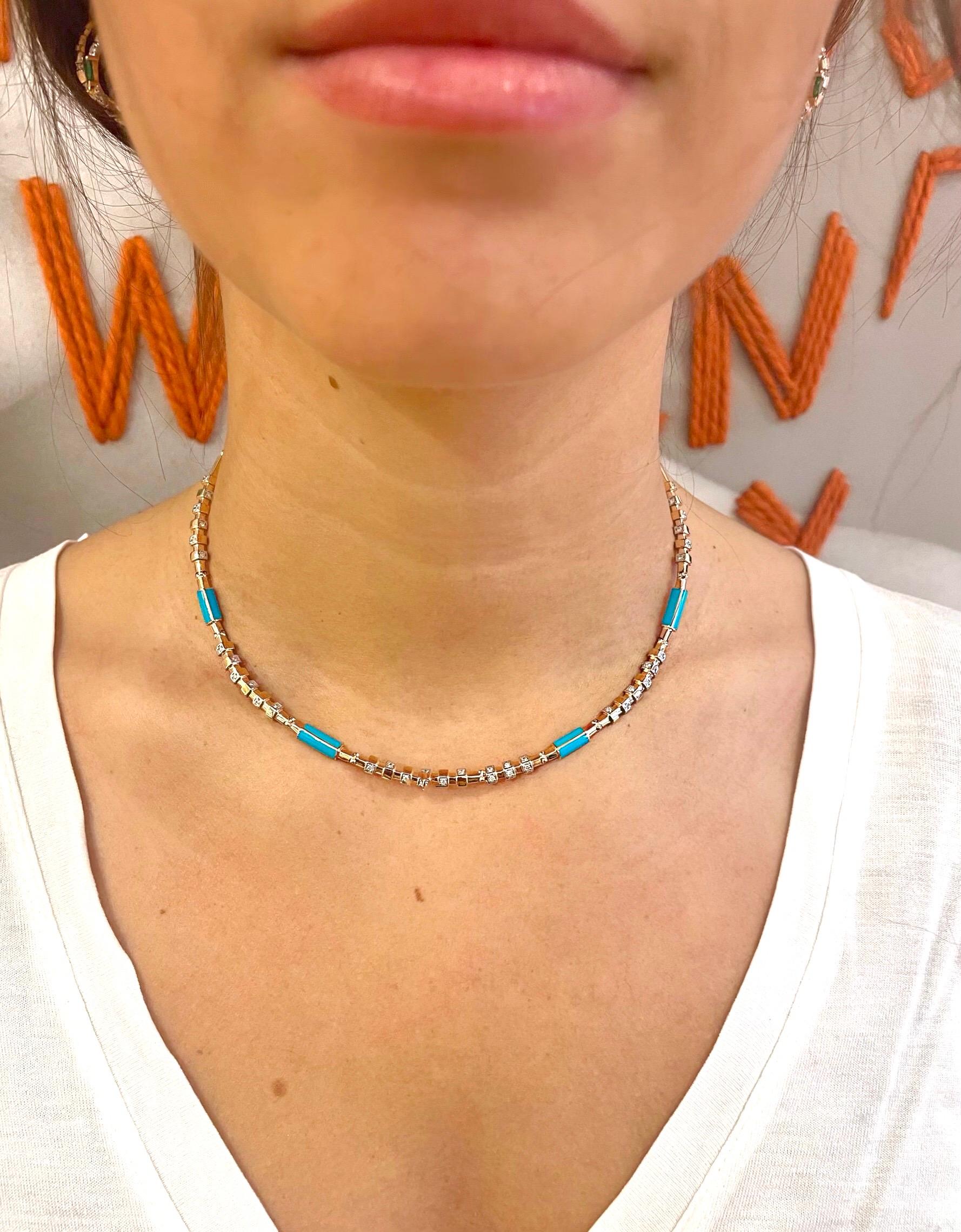 Taotie Necklace in Rose Gold with White Diamond and Turquoise Enamel In New Condition For Sale In Istanbul, TR