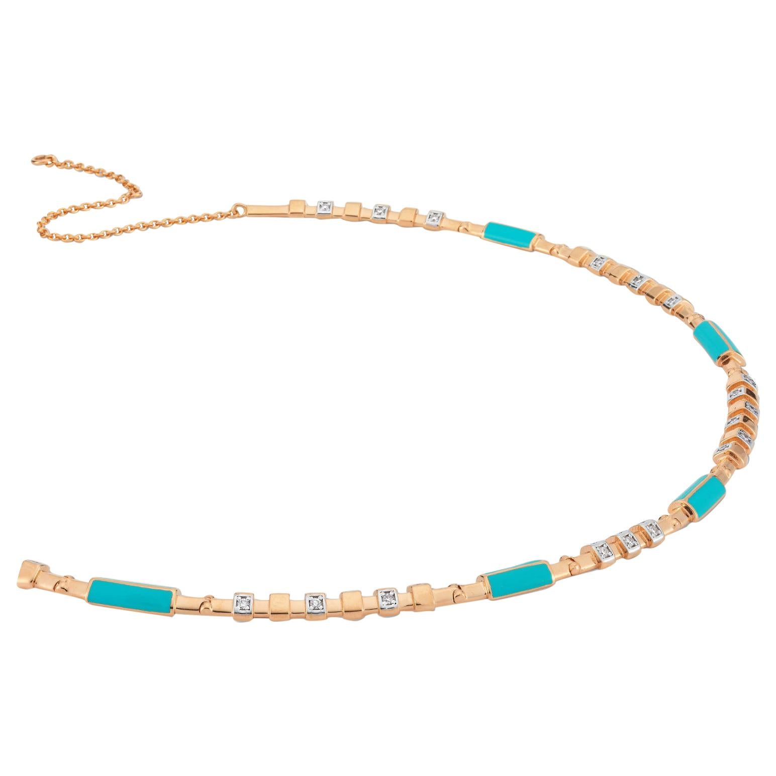 Taotie Necklace in Rose Gold with White Diamond and Turquoise Enamel For Sale