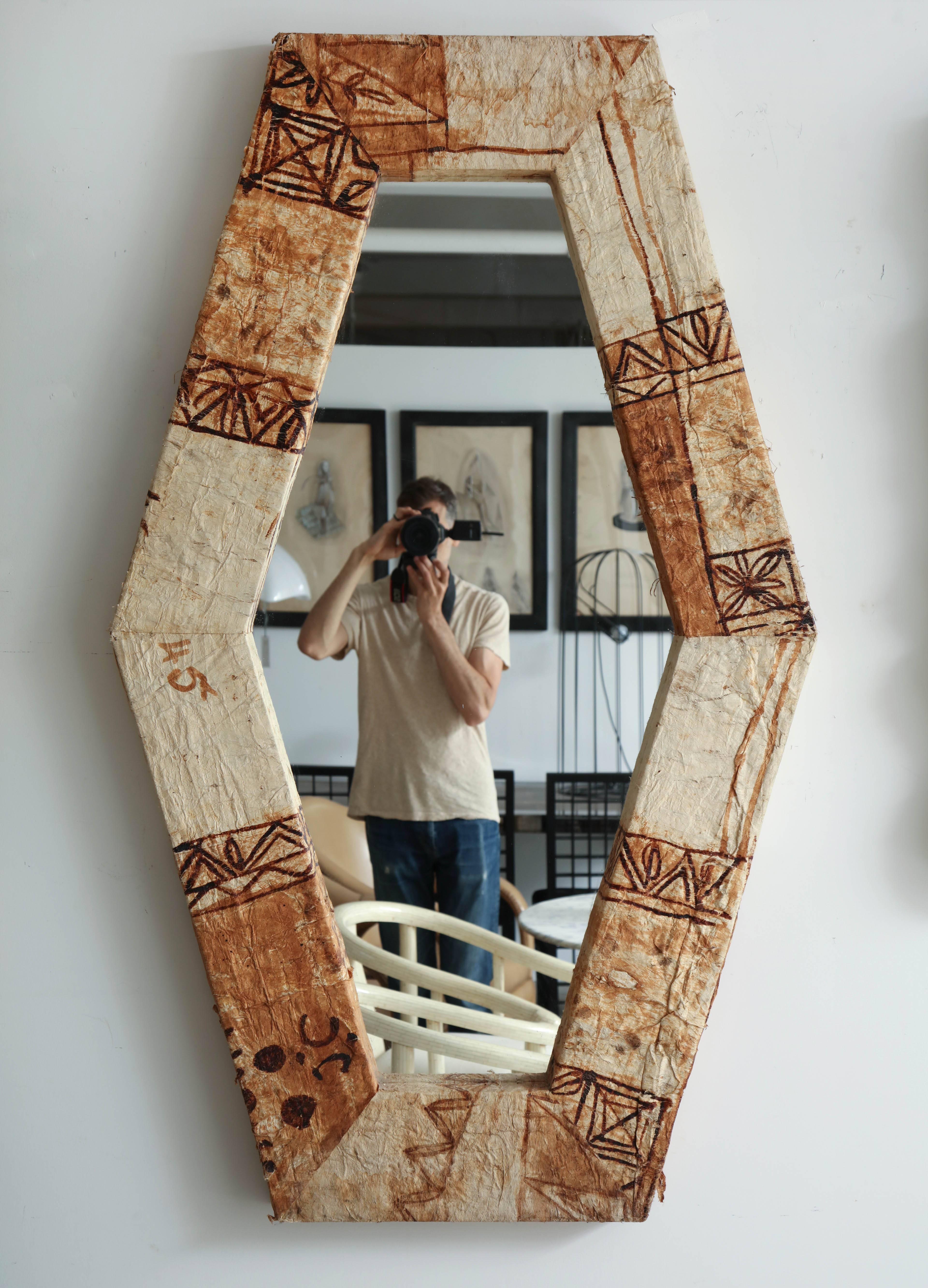 Six sided long mirror covered in tapa cloth from Polynesian Islands.