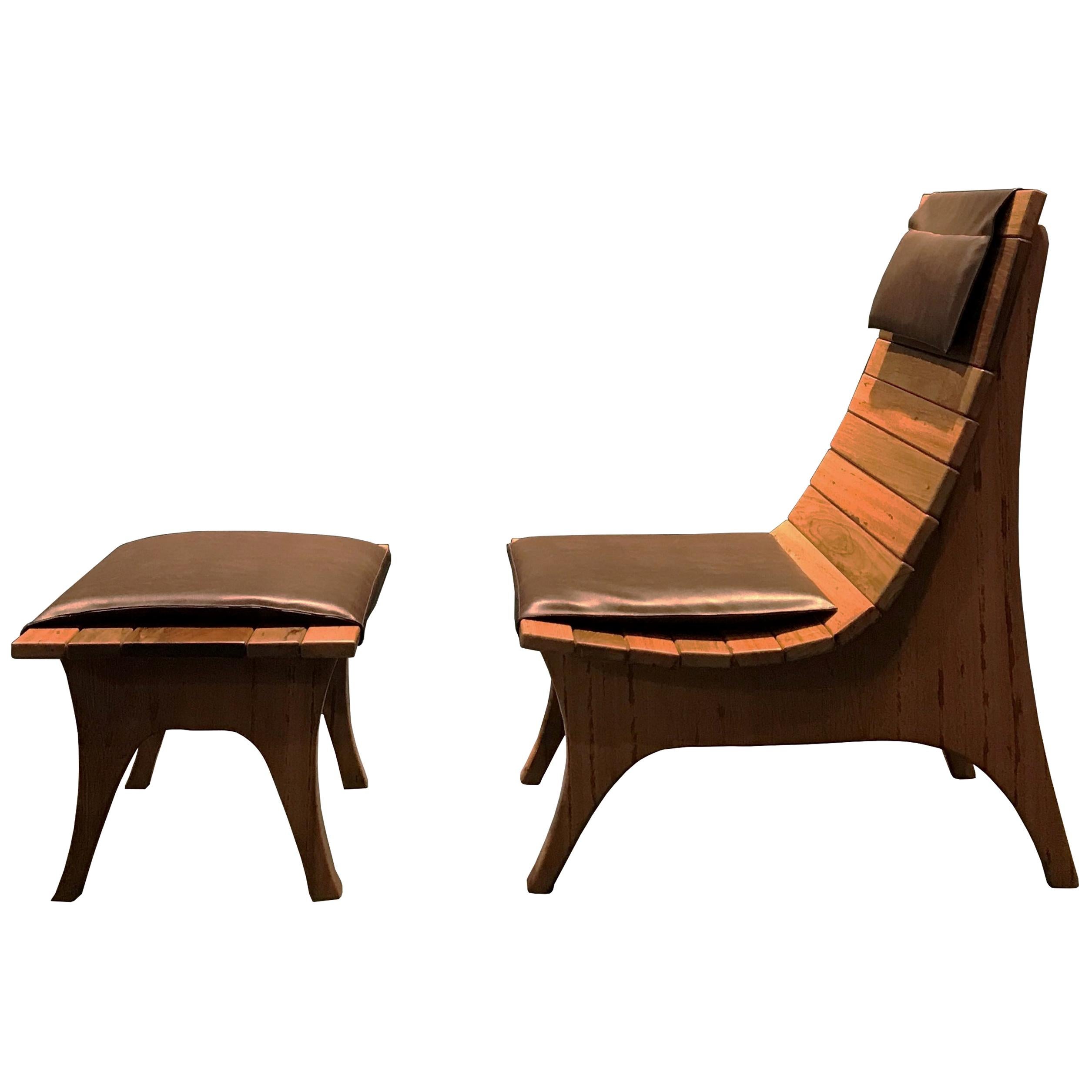 "Tapajós" Armchair with Ottoman in Amazonian Rare Wood and Eco Leather