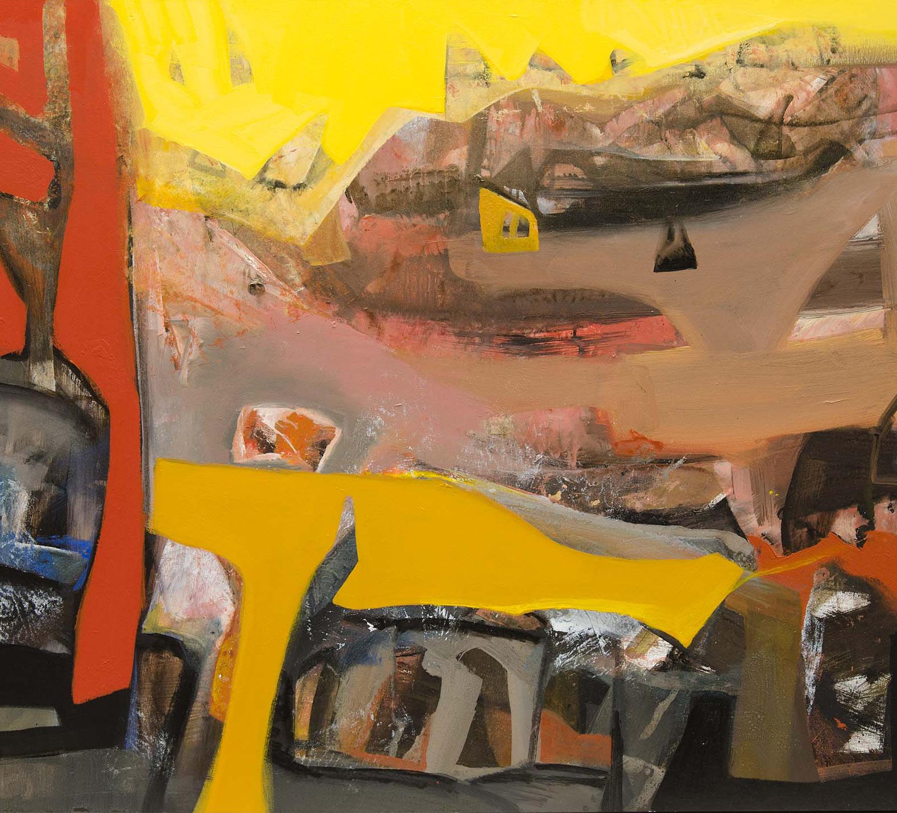 Abstrait, Beneras, paysage urbain, acrylique, rouge, jaune, marron, gris, en stock en vente 1