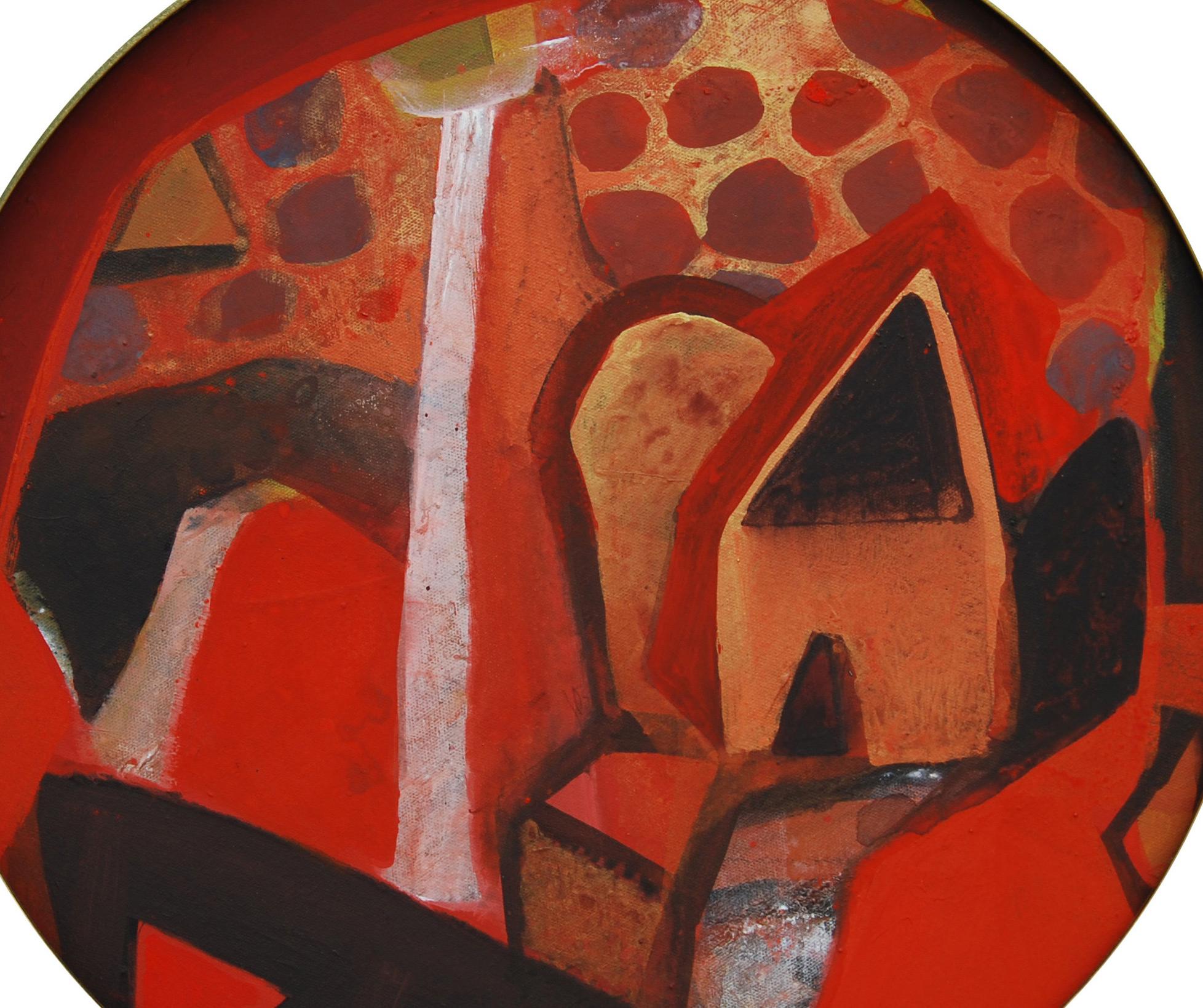 Abstract, Round, Acrylic, Pastel, Pigment, Canvas, Red, Black, Brown 