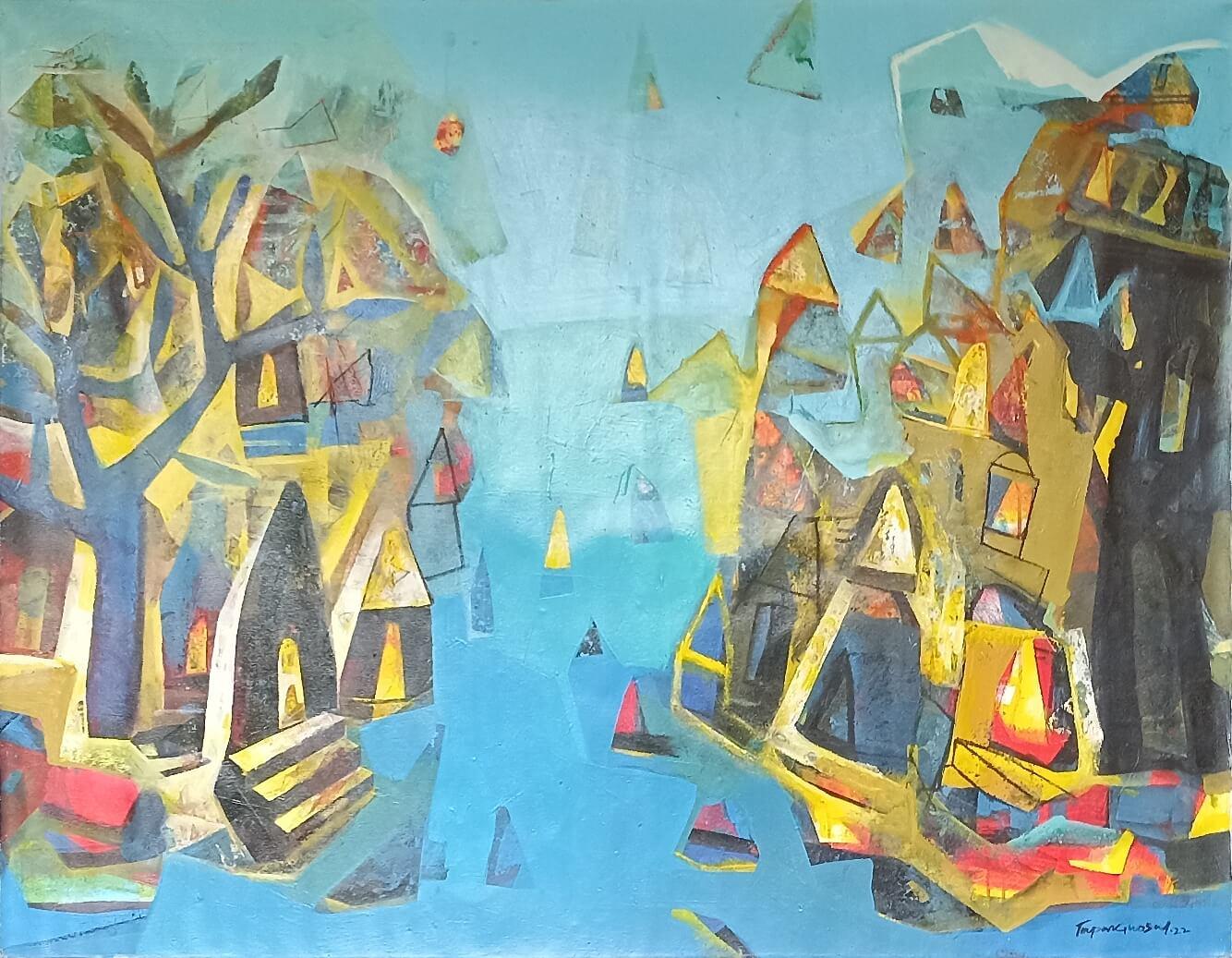 Tapas Ghosal Landscape Painting – Bananen, Acryl auf Leinwand, Blau, Gelb, Rot von zeitgenössischem Künstler „“ auf Lager