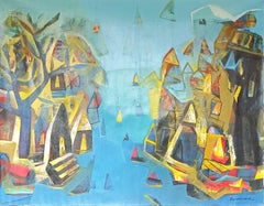 Banaras, Acrylic on Canvas, Blue, Yellow, Red by Contemporary Artist "In Stock"