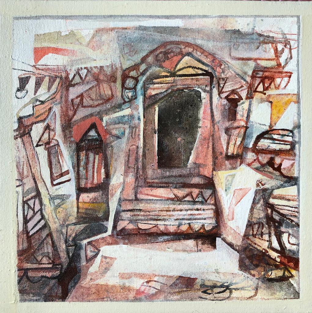 Tapas Ghosal Interior Painting - Benaras, Acrylic on Canvas, Brown, Red by Contemporary Artist "In Stock"