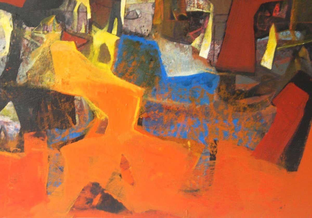 Benaras, Cityscape, Acrylic on Canvas, Orange, Brown, Blue colors 