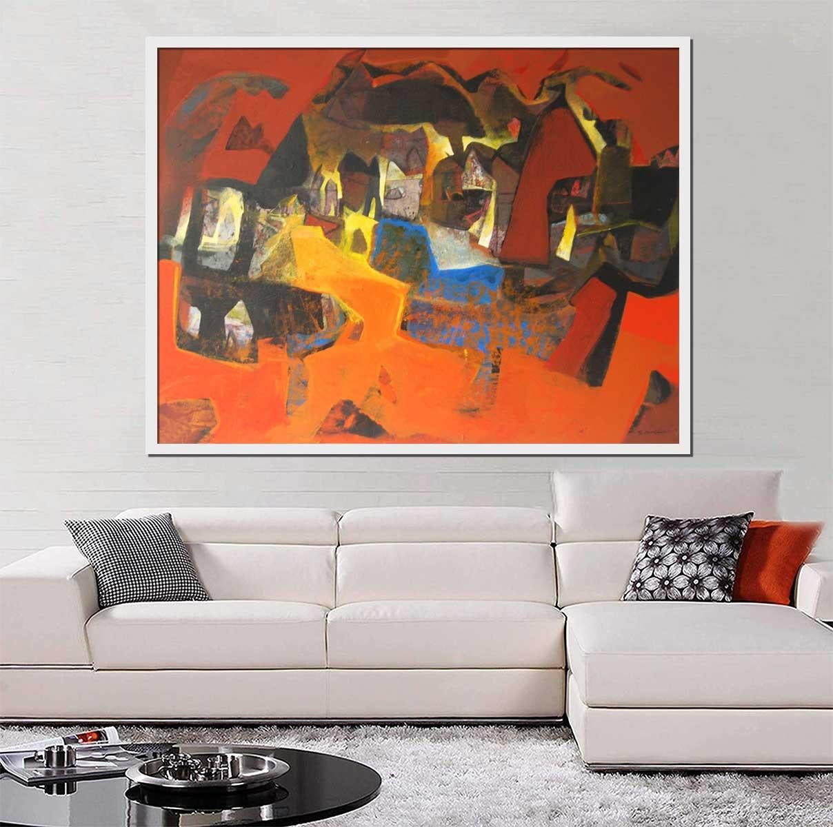Benaras, Cityscape, Acrylic on Canvas, Orange, Brown, Blue colors 