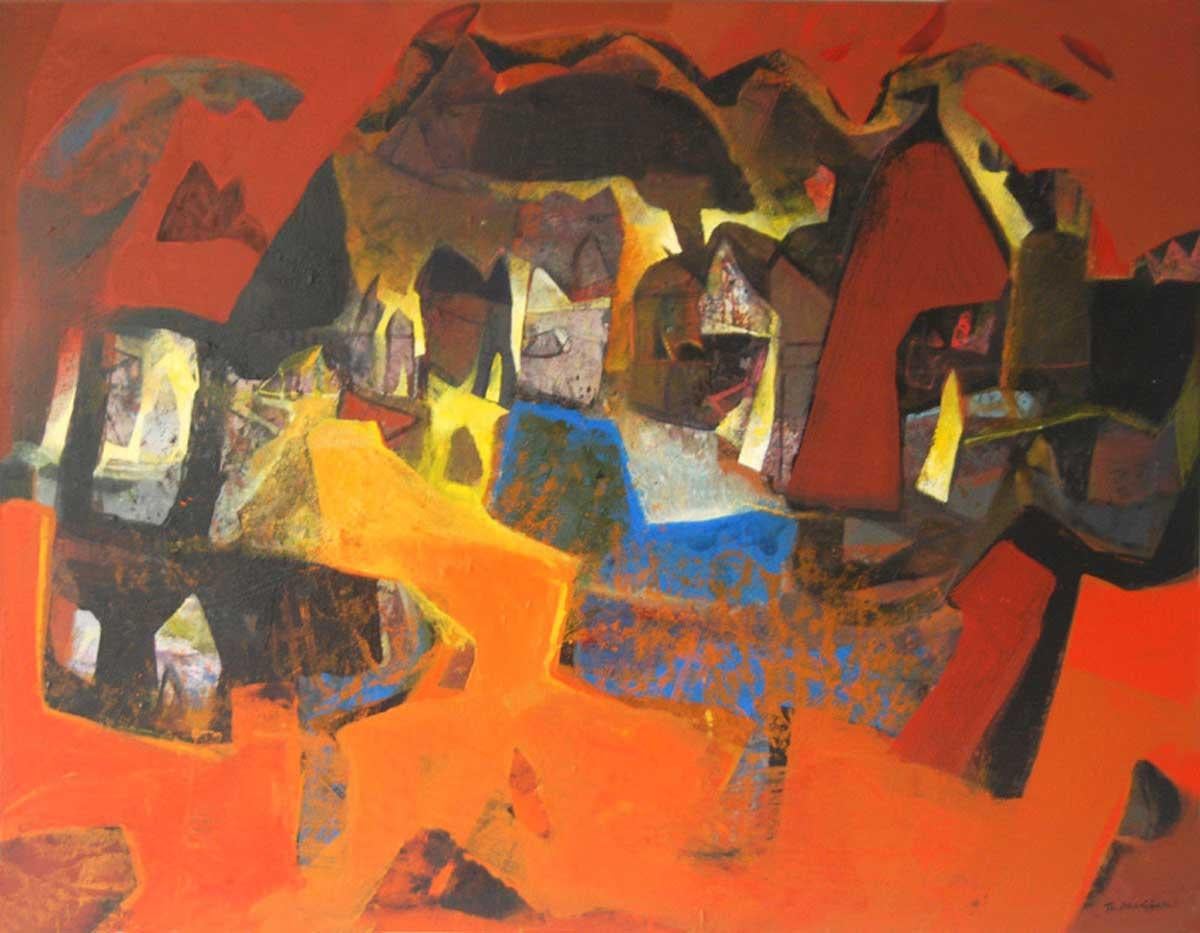 Tapas Ghosal Abstract Painting - Benaras, Cityscape, Acrylic on Canvas, Orange, Brown, Blue colors "In Stock" 