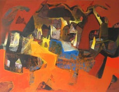 Benaras, Cityscape, Acrylic on Canvas, Orange, Brown, Blue colors "In Stock" 