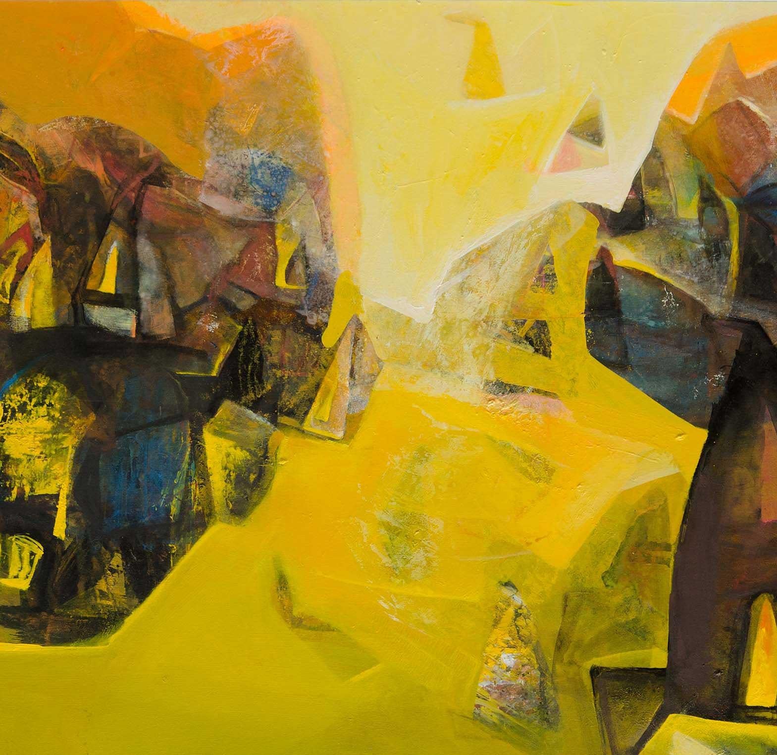 Benaras, Holy Cityscape, Acrylic on Canvas, Yellow, Brown colors 