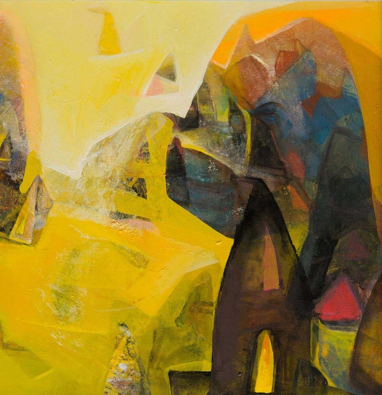 Benaras, Holy Cityscape, Acrylic on Canvas, Yellow, Brown colors 