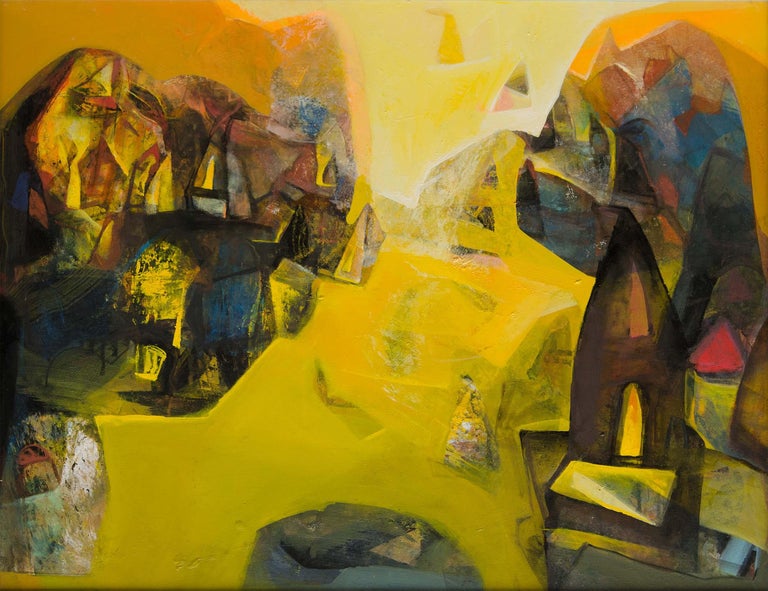 Tapas Ghosal Abstract Painting - Benaras, Holy Cityscape, Acrylic on Canvas, Yellow, Brown colors "In Stock" 
