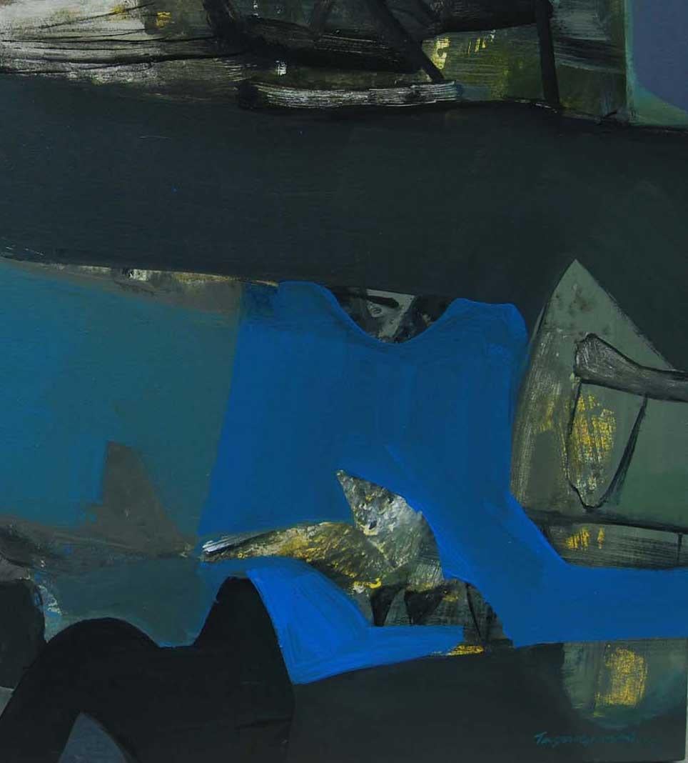 Benaras, Heilige indische Stadtlandschaft, Acryl auf Leinwand Blau-Schwarz-Farben „Auf Lager“  – Painting von Tapas Ghosal