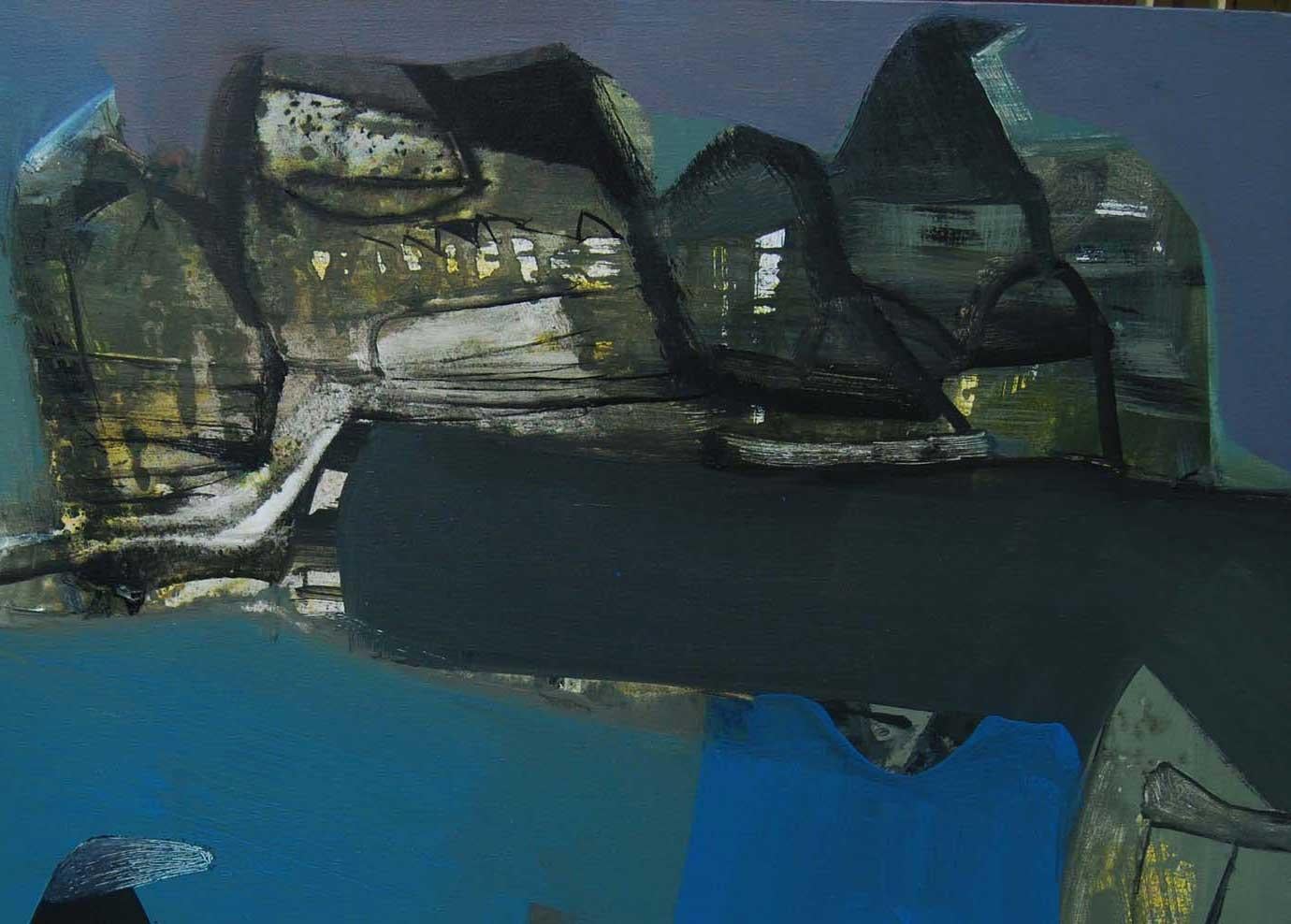Benaras, paysage de ville des Indes sacrées, acrylique sur toile, couleurs bleues et noires « en stock »  - Noir Abstract Painting par Tapas Ghosal