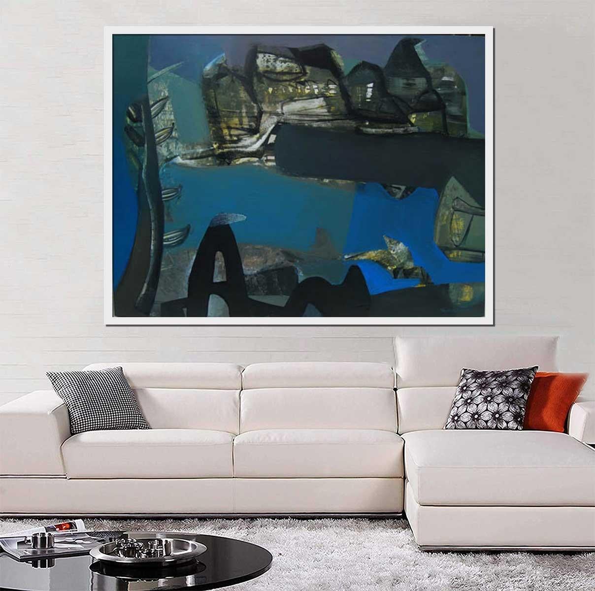 Benaras, paysage de ville des Indes sacrées, acrylique sur toile, couleurs bleues et noires « en stock »  en vente 2