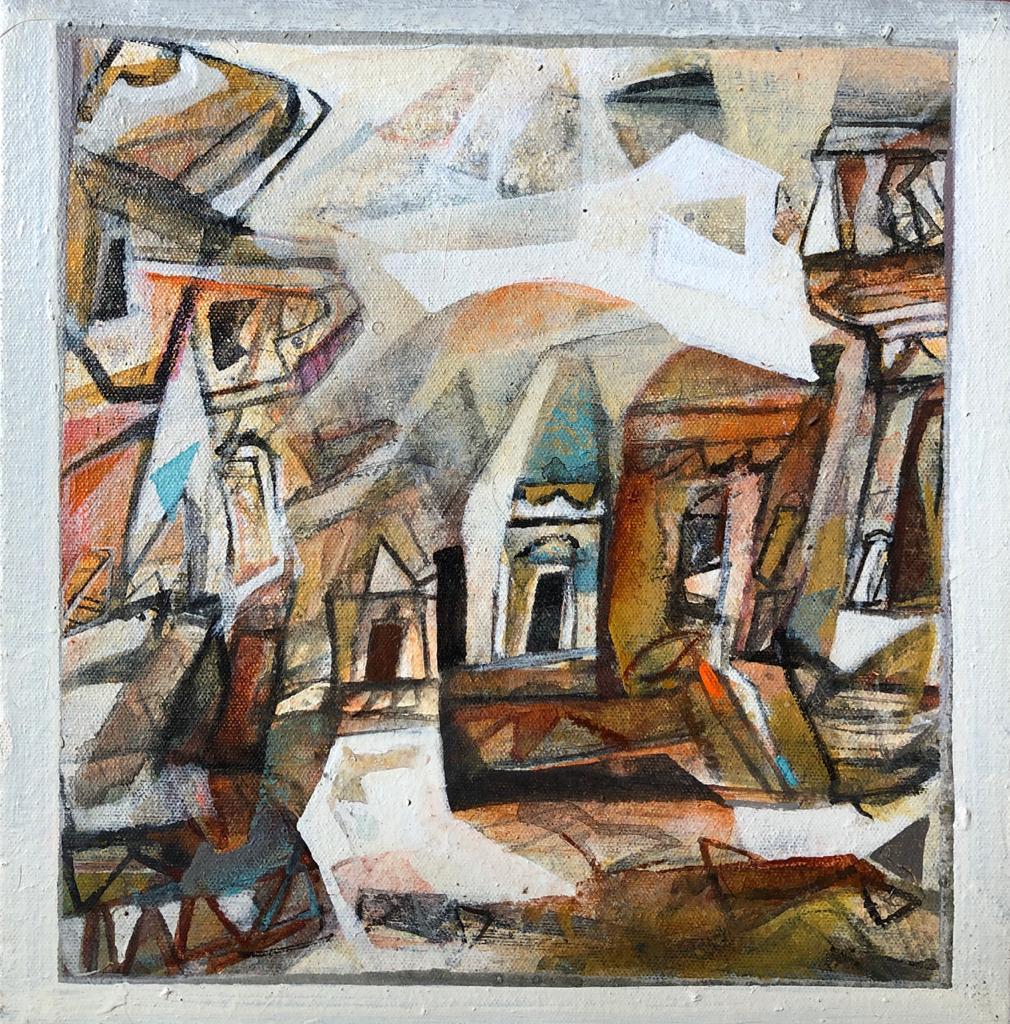 Tapas Ghosal Interior Painting - Benaras Series, Acrylic on Canvas, Brown, Red by Contemporary Artist "In Stock"