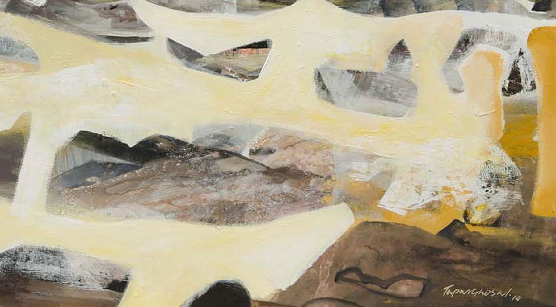 Beneras, Diptychon, Abstrakt, Acryl auf Leinwand, Gelb, Braun, Weiß „In Stock“ – Painting von Tapas Ghosal
