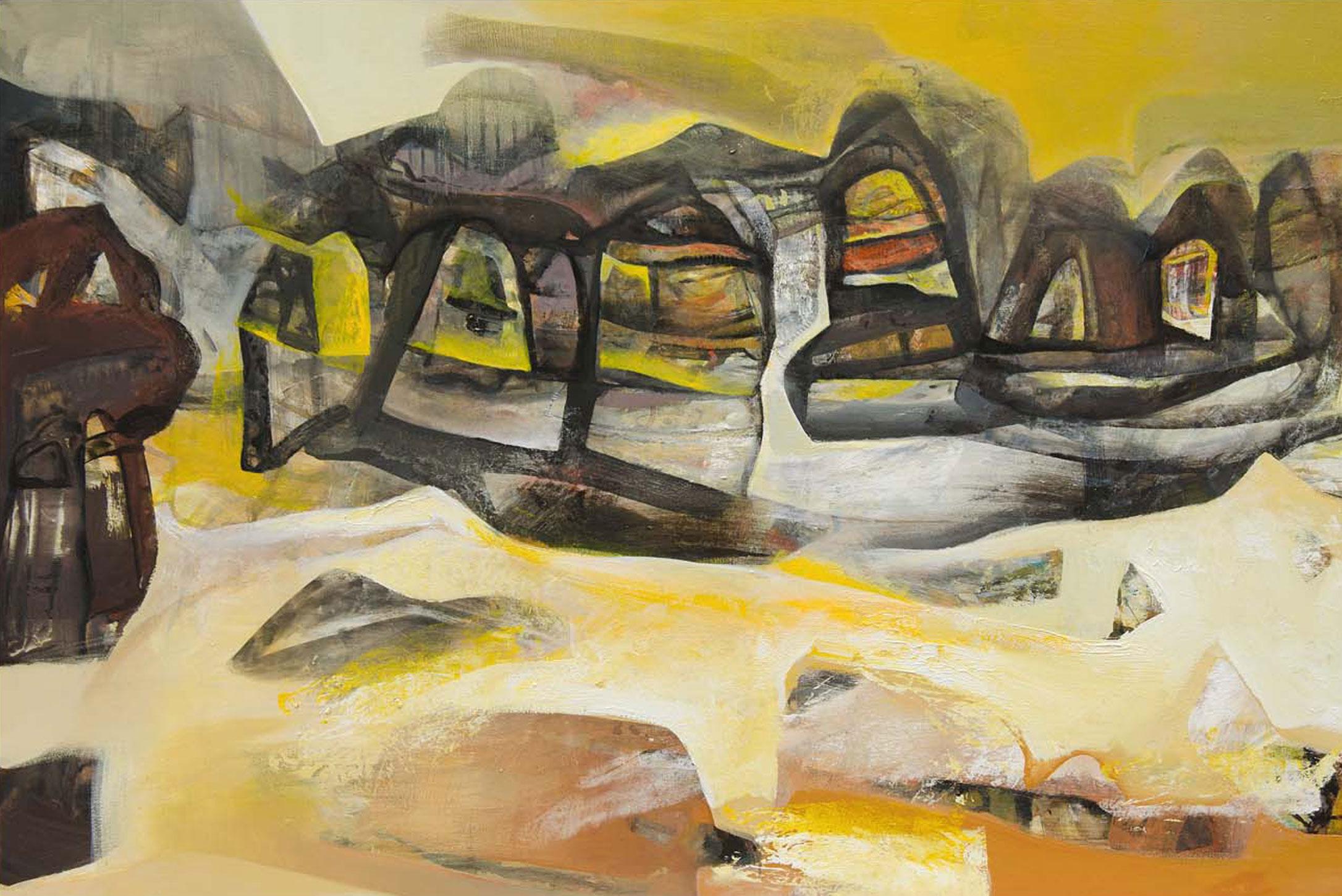 Beneras, Diptyque, abstrait, acrylique sur toile, jaune, marron, blanc « en stock » - Contemporain Painting par Tapas Ghosal