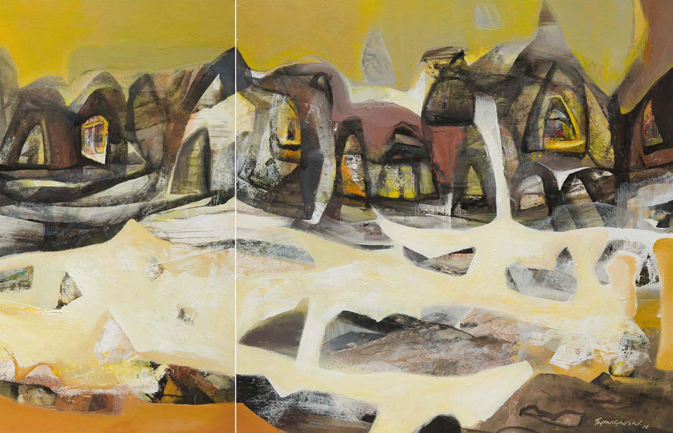 Beneras, Diptychon, Abstrakt, Acryl auf Leinwand, Gelb, Braun, Weiß „In Stock“ (Schwarz), Landscape Painting, von Tapas Ghosal