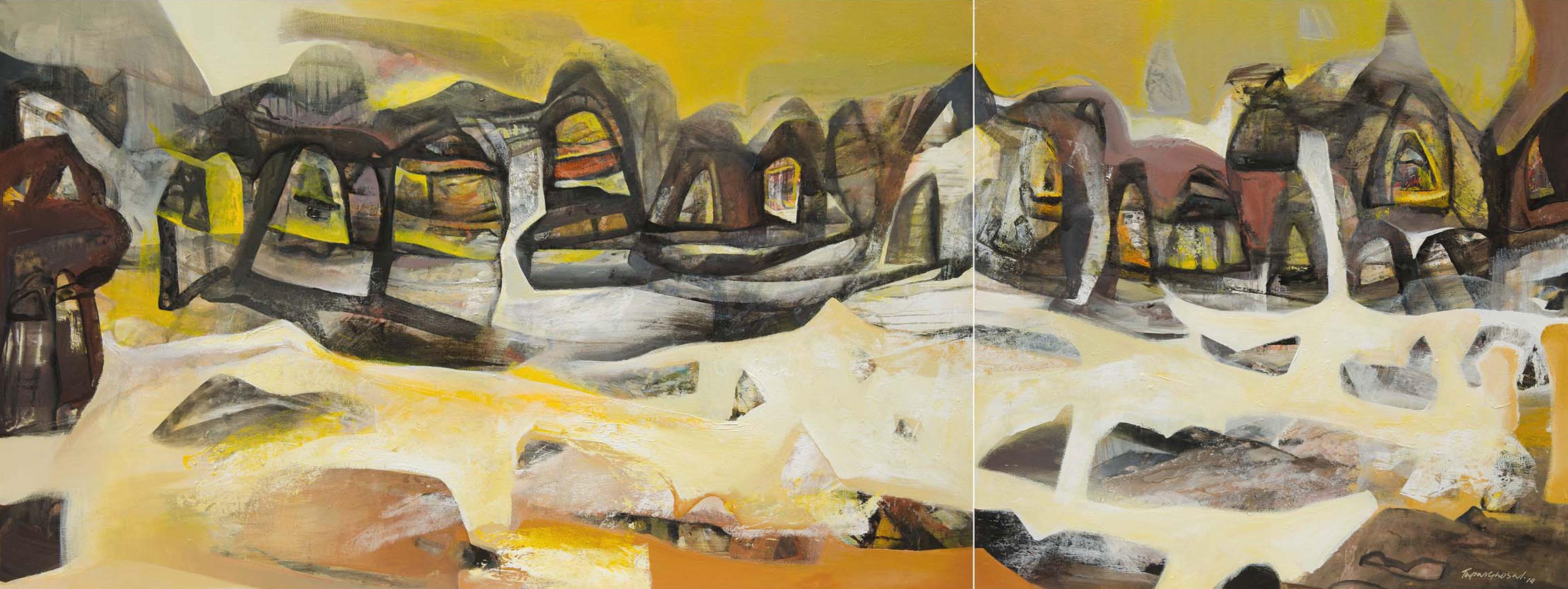 Tapas Ghosal Landscape Painting – Beneras, Diptychon, Abstrakt, Acryl auf Leinwand, Gelb, Braun, Weiß „In Stock“