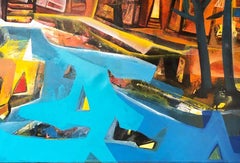 Cityscape, Abstract, Acrylic on Canvas, Blue, Red by Indian Artist "In Stock"