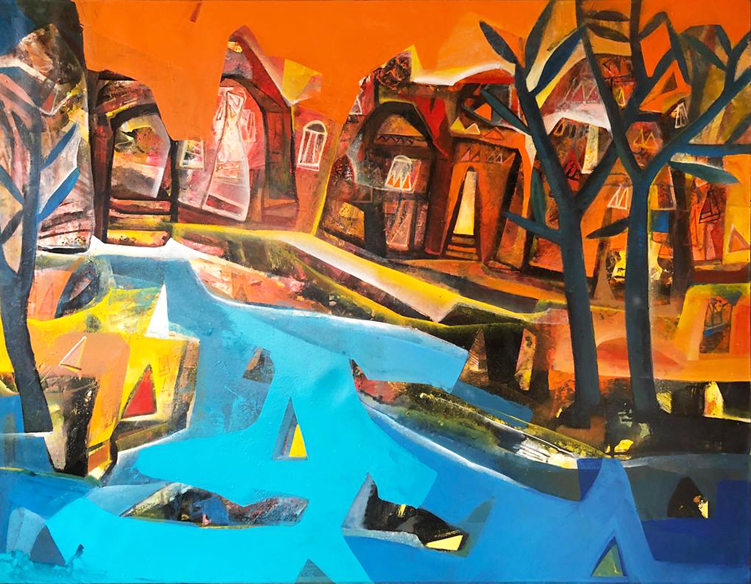 Tapas Ghosal Interior Painting - Cityscape, Abstract, Acrylic on Canvas, Blue, Red by Indian Artist "In Stock" 