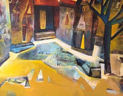 Cityscape, Abstract, Acrylic on Canvas, Yellow, Blue by Indian Artist"In Stock"