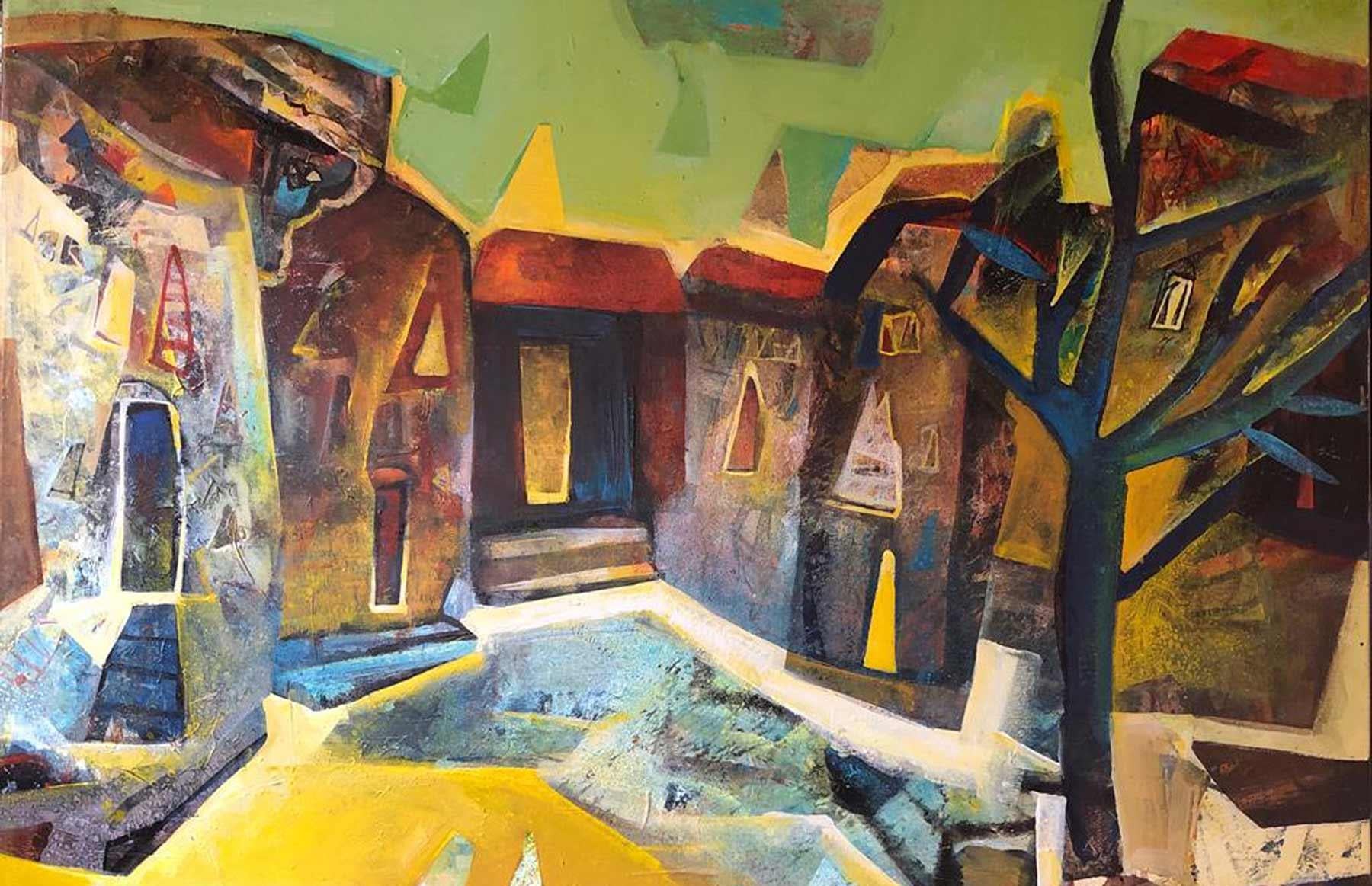 Cityscape, Abstract, Acrylic on Canvas, Yellow, Blue by Indian Artist