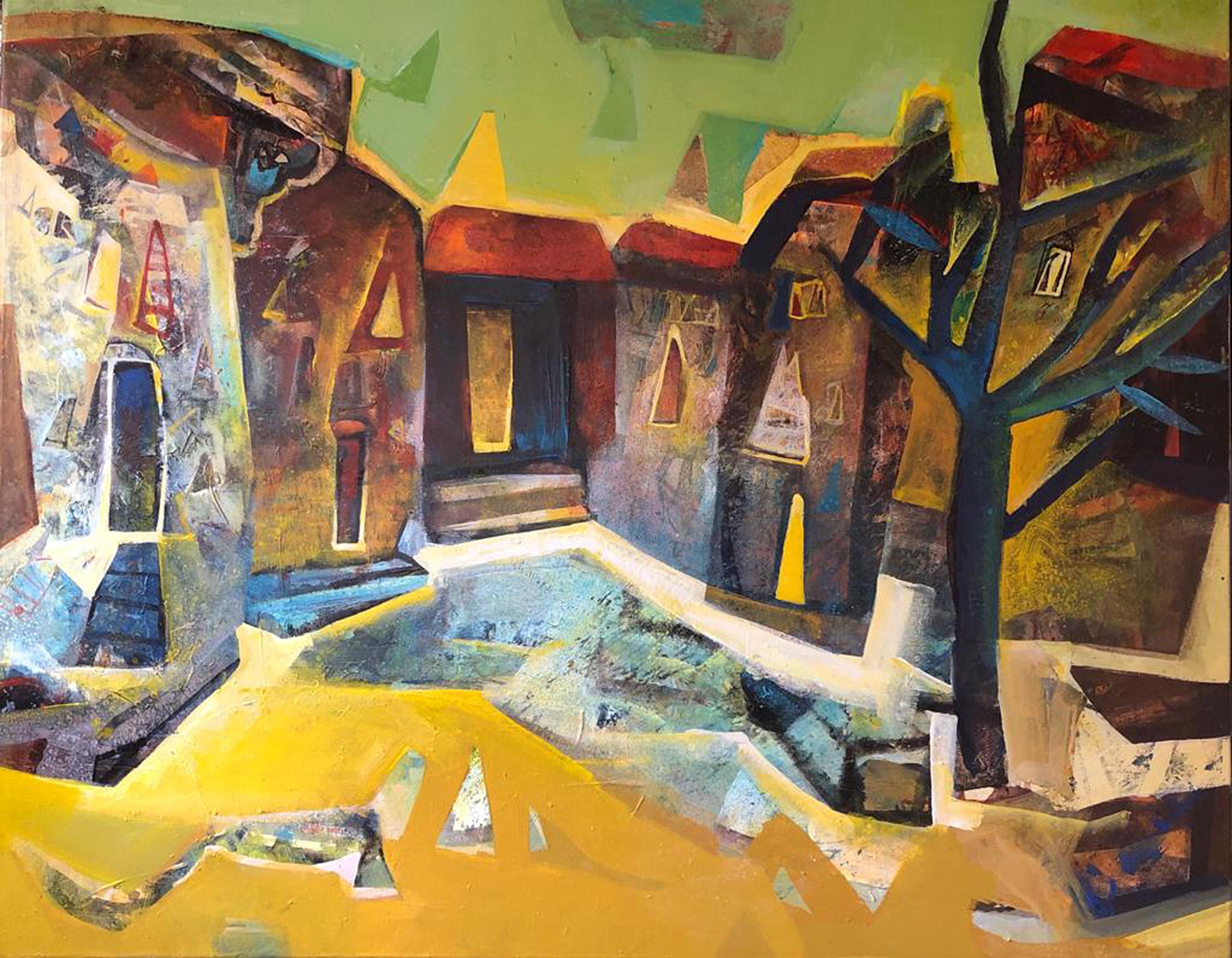 Tapas Ghosal Abstract Painting - Cityscape, Abstract, Acrylic on Canvas, Yellow, Blue by Indian Artist"In Stock" 