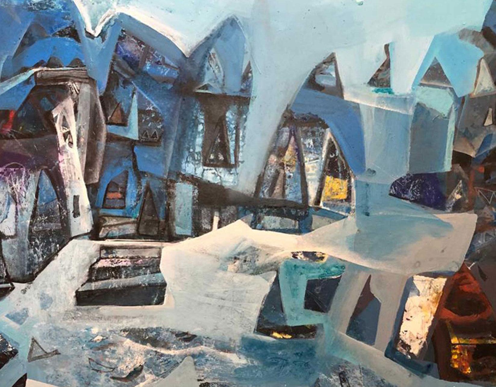 Cityscape, Acrylic on Canvas, Blue, Brown, Red by Indian Artist 